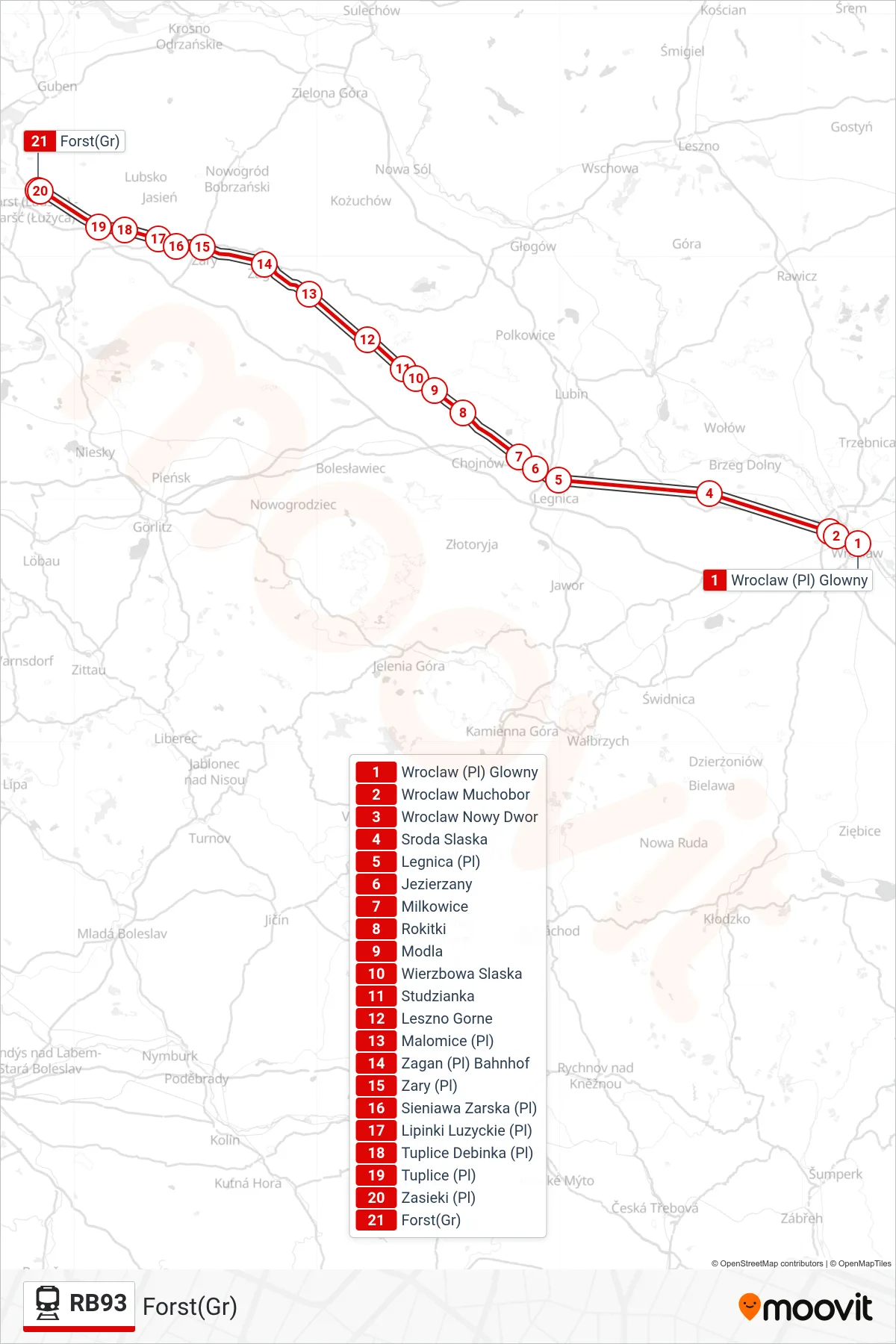 Linie RB93 (Bahn) Richtung Forst(Gr): Route und Haltestellen auf der Karte