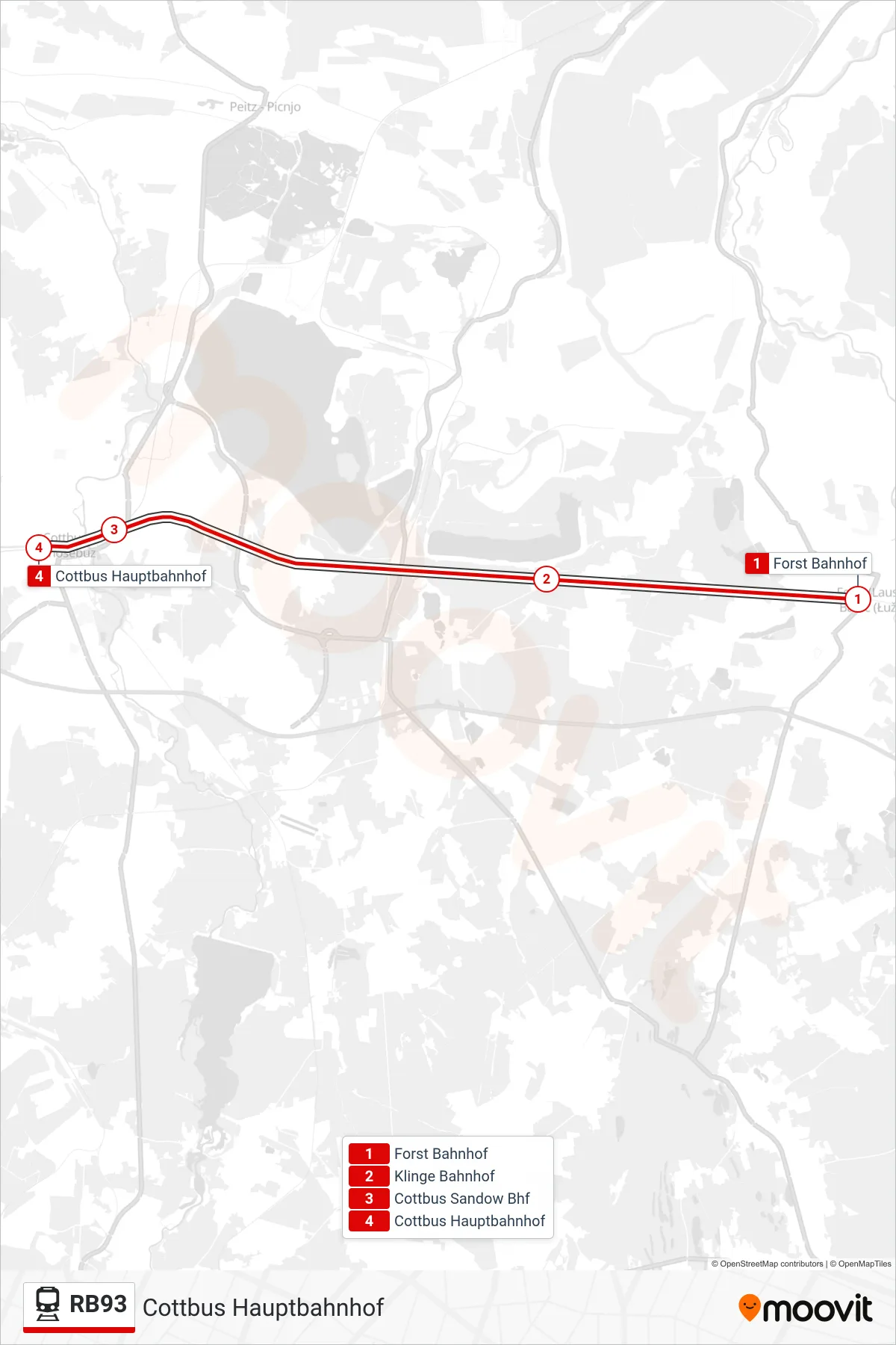 Linie RB93 (Bahn) Richtung Cottbus Hauptbahnhof: Route und Haltestellen auf der Karte