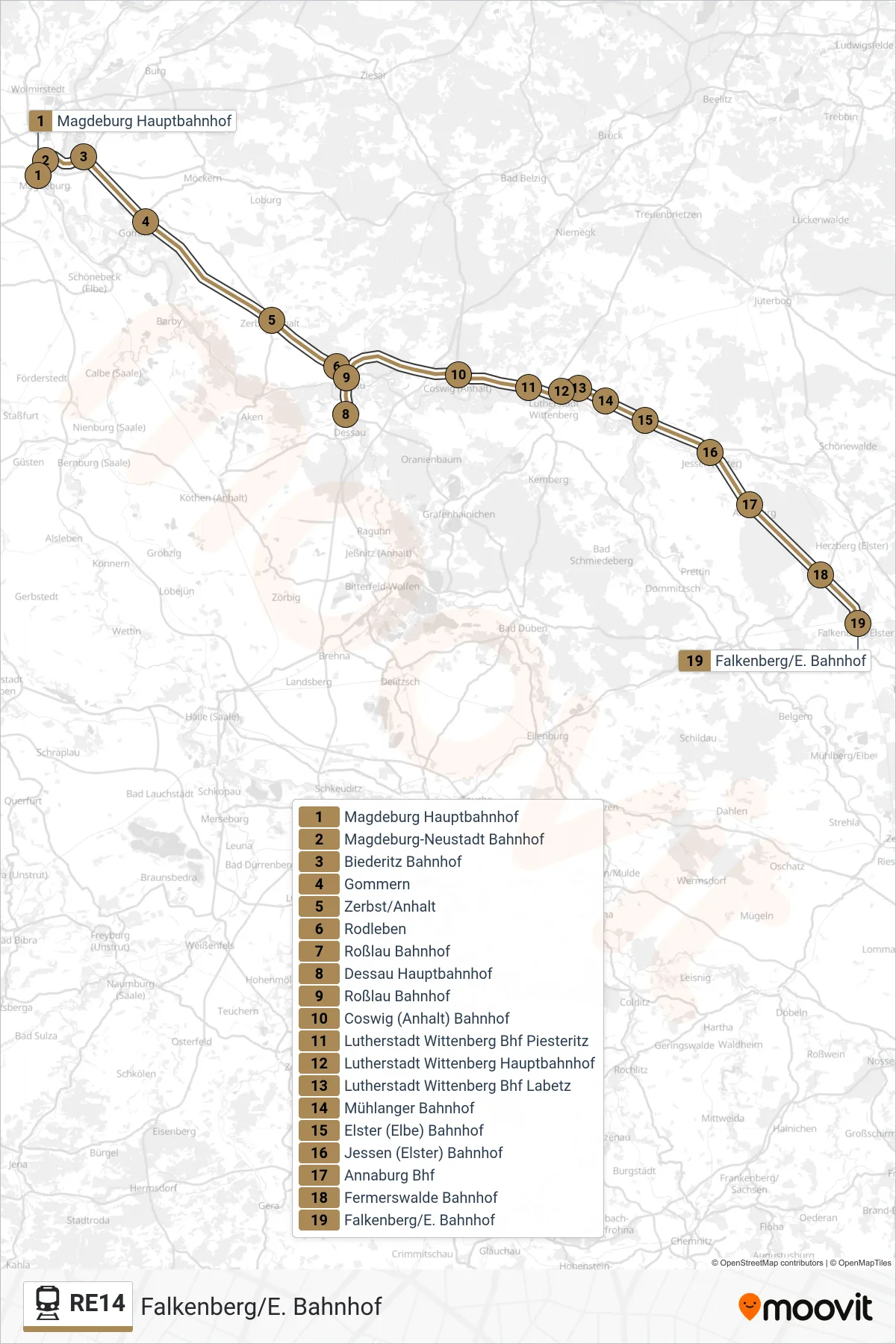 RE14 train Line (Falkenberg/E. Bahnhof) route and stops on a map