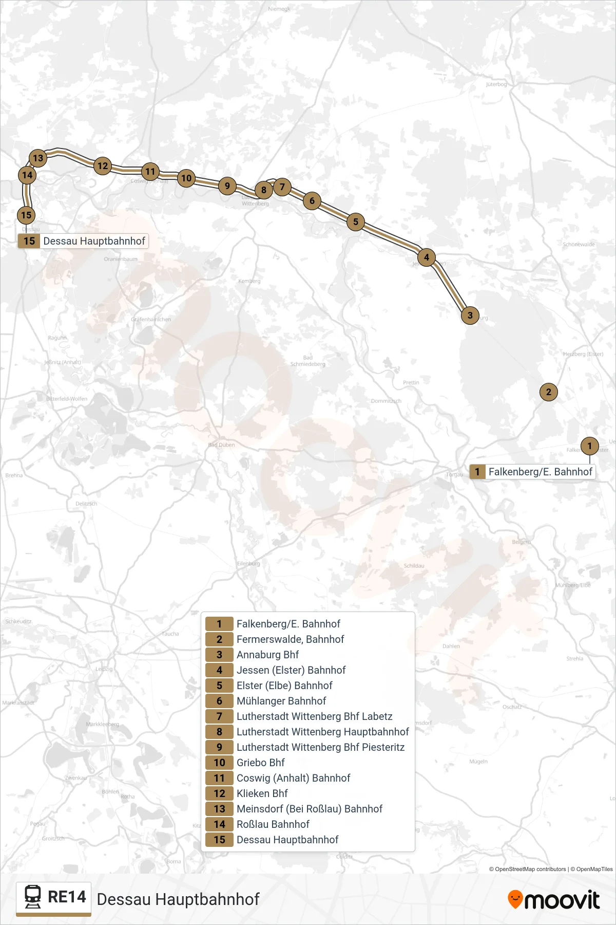 Linie RE14 (Bahn) Richtung Dessau Hauptbahnhof: Route und Haltestellen auf der Karte