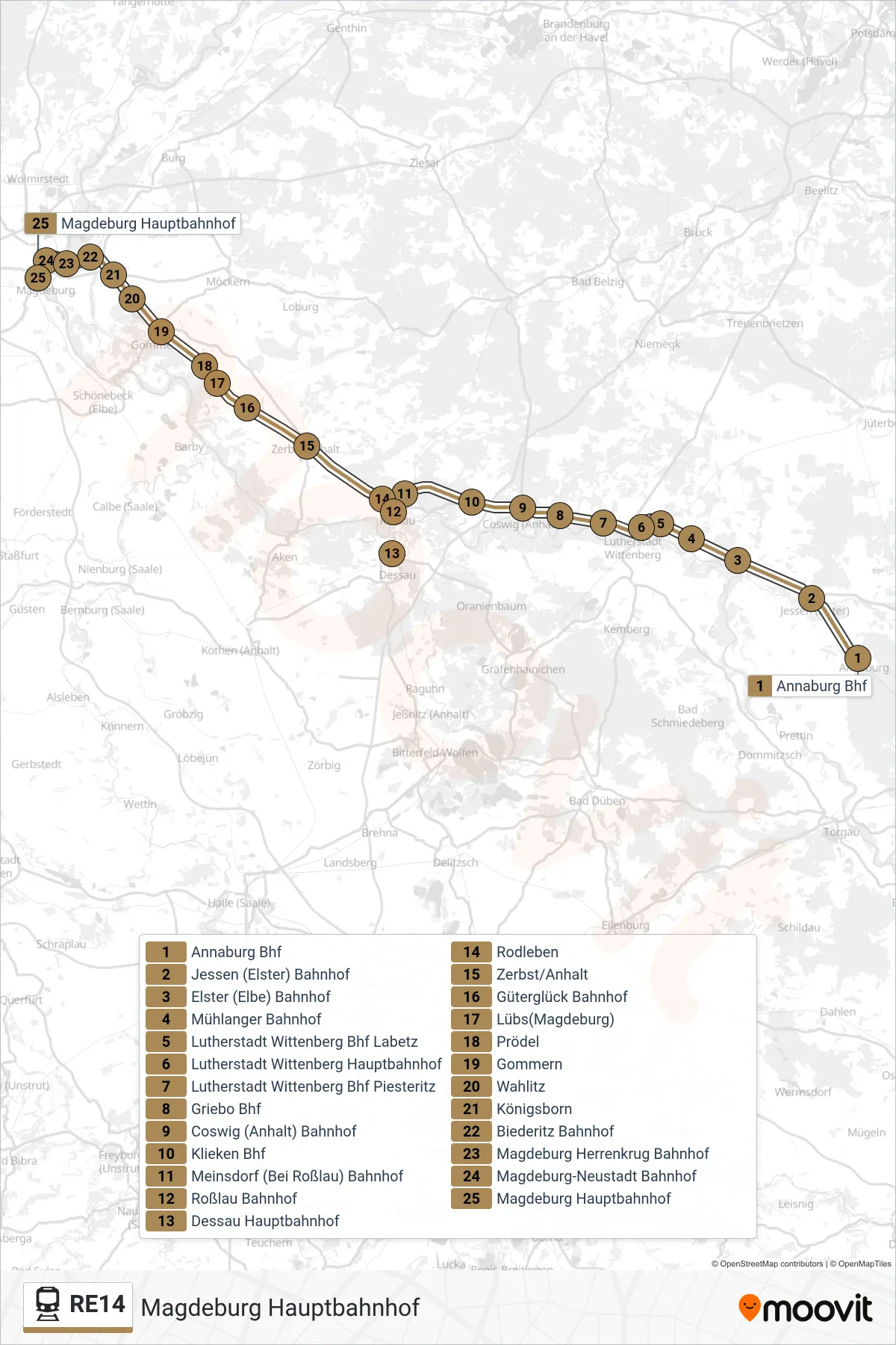 Linie RE14 (Bahn) Richtung Magdeburg Hauptbahnhof: Route und Haltestellen auf der Karte