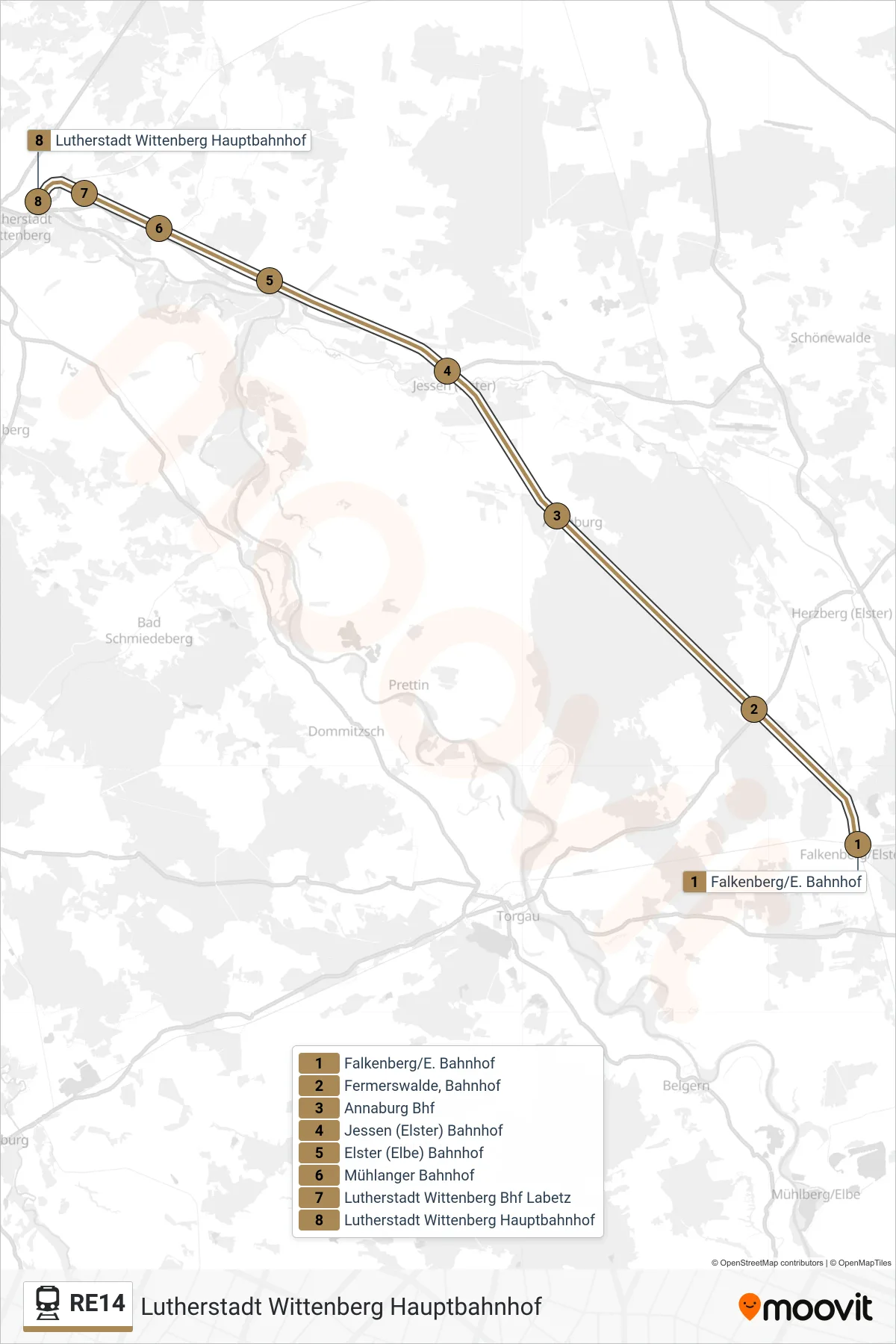 RE14 train Line (Lutherstadt Wittenberg Hauptbahnhof) route and stops on a map