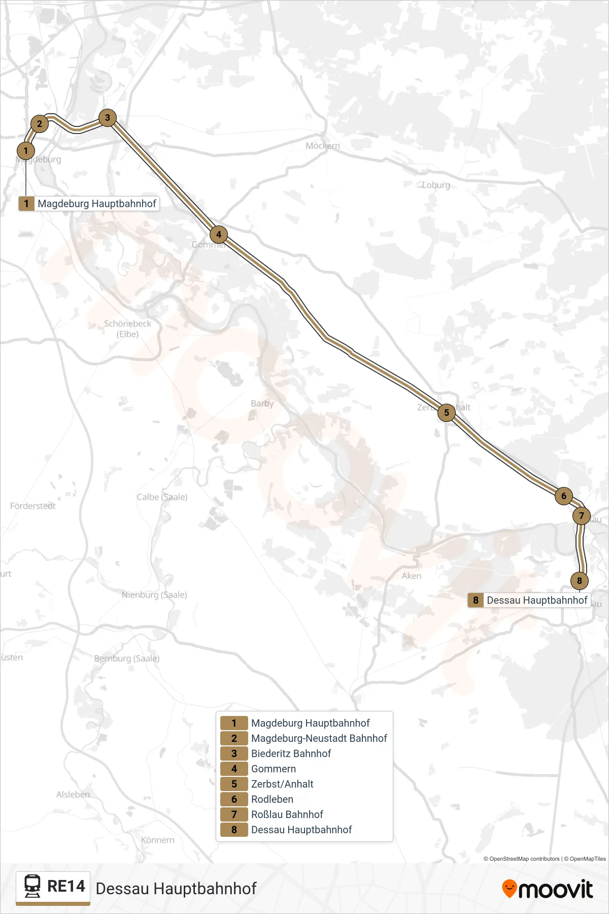 RE14 train Line (Dessau Hauptbahnhof) route and stops on a map