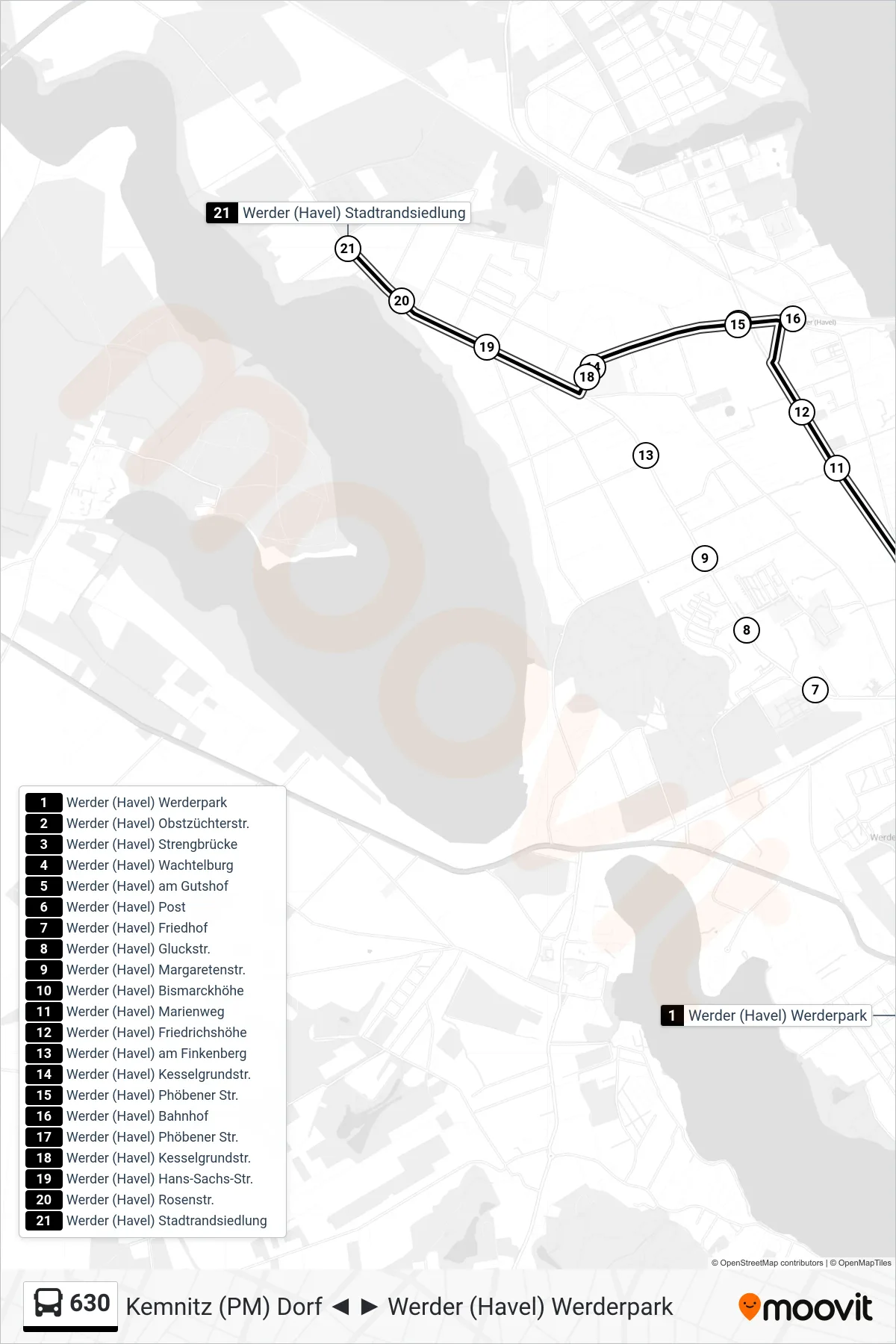 Linie 630 (Bus) Richtung Werder (Havel) Stadtrandsiedlung: Route und Haltestellen auf der Karte