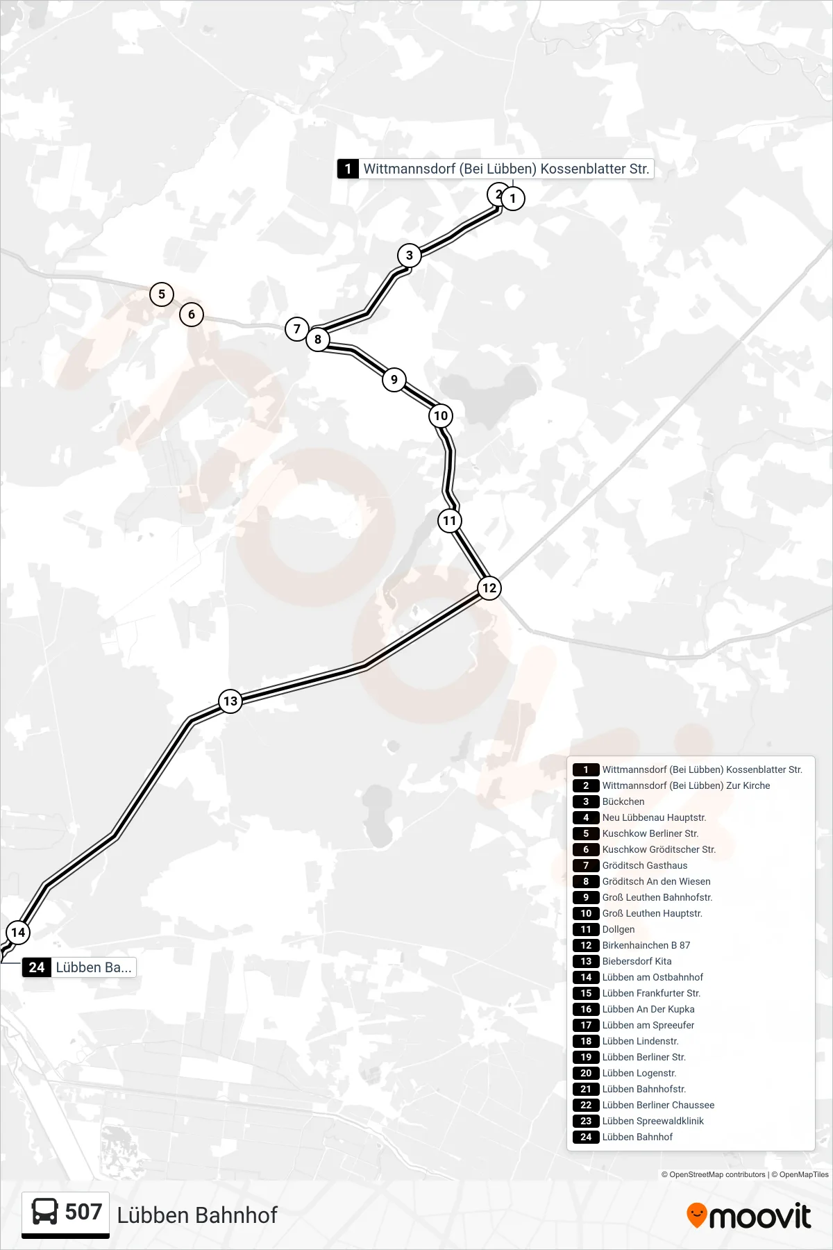 Linie 507 (Bus) Richtung Lübben Bahnhof: Route und Haltestellen auf der Karte