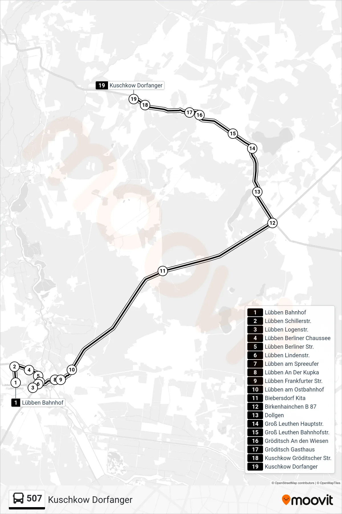 Linie 507 (Bus) Richtung Kuschkow Dorfanger: Route und Haltestellen auf der Karte