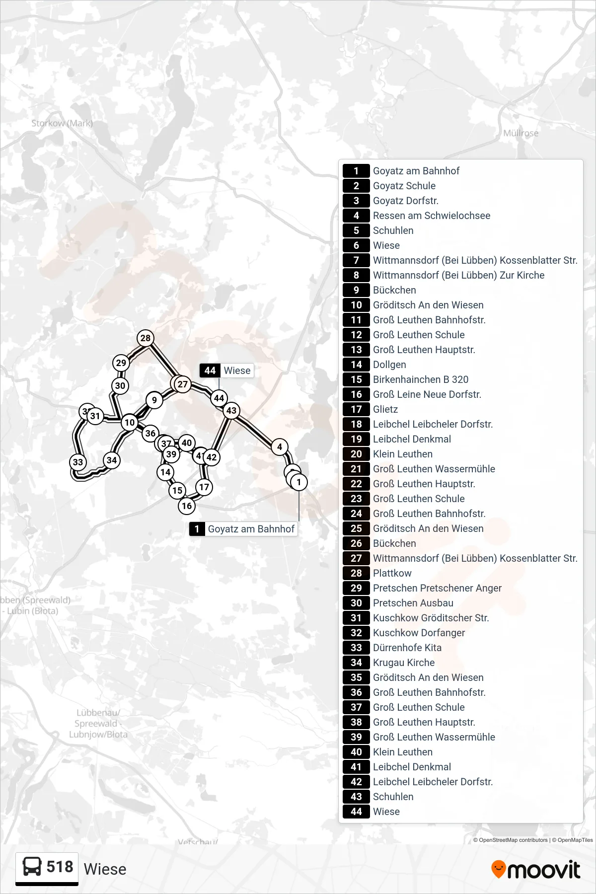 Linie 518 (Bus) Richtung Wiese: Route und Haltestellen auf der Karte