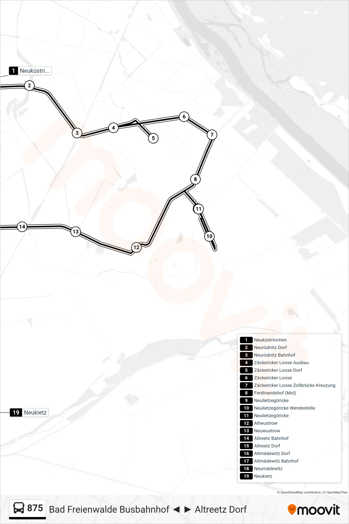 Linie 875 (Bus) Richtung Neukietz: Route und Haltestellen auf der Karte