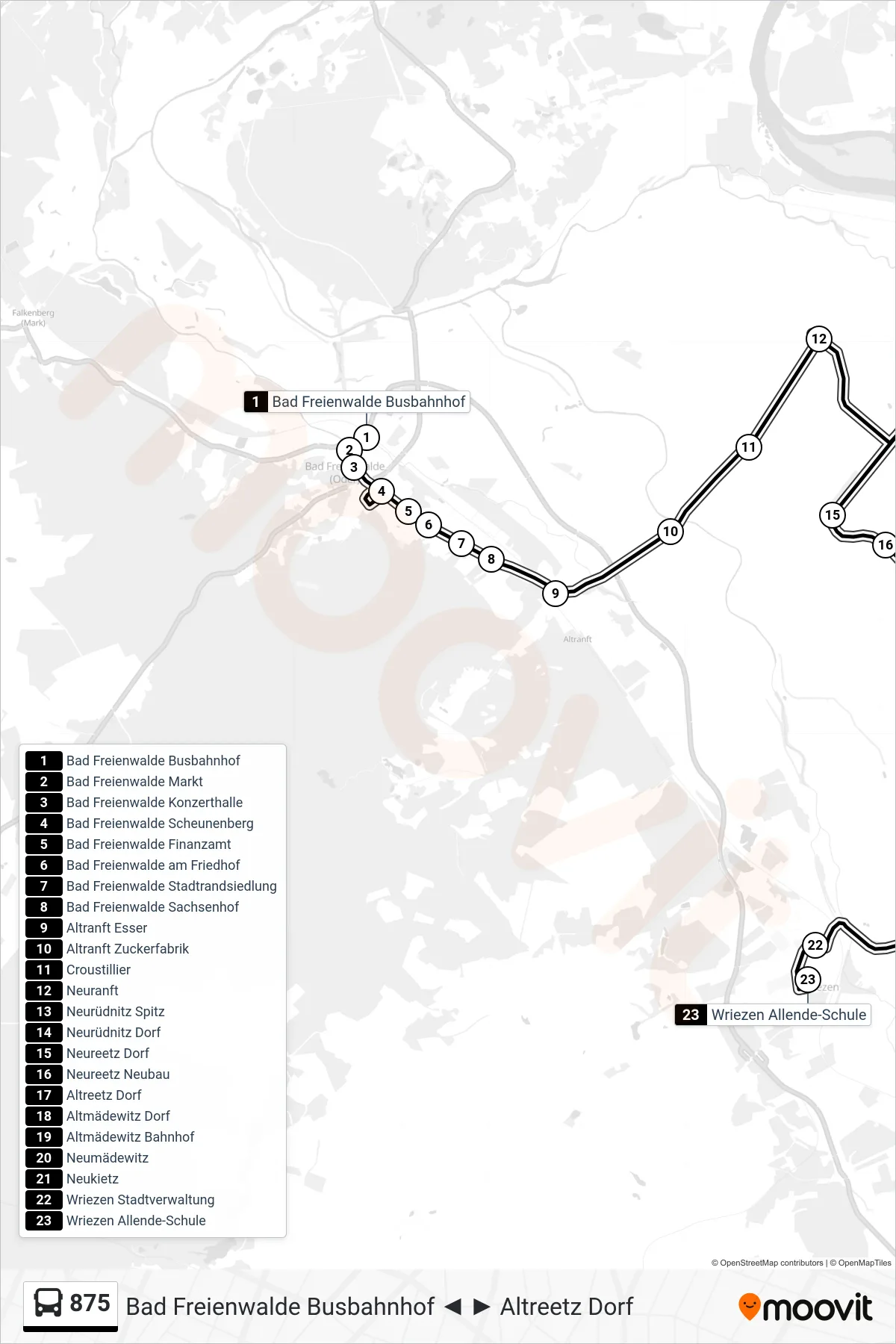 875 bus Line (Wriezen Allende-Schule) route and stops on a map
