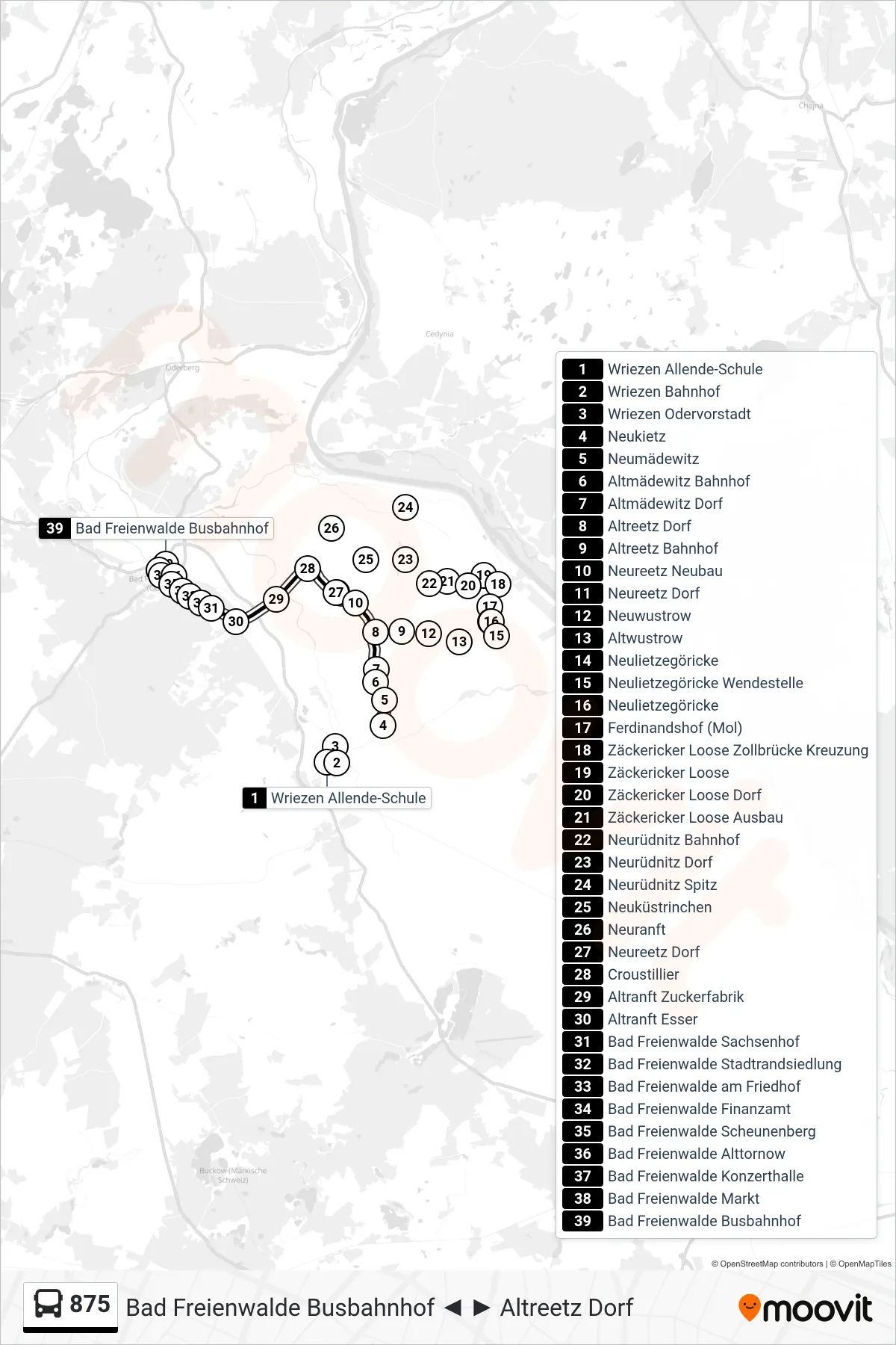 Linie 875 (Bus) Richtung Bad Freienwalde Busbahnhof: Route und Haltestellen auf der Karte