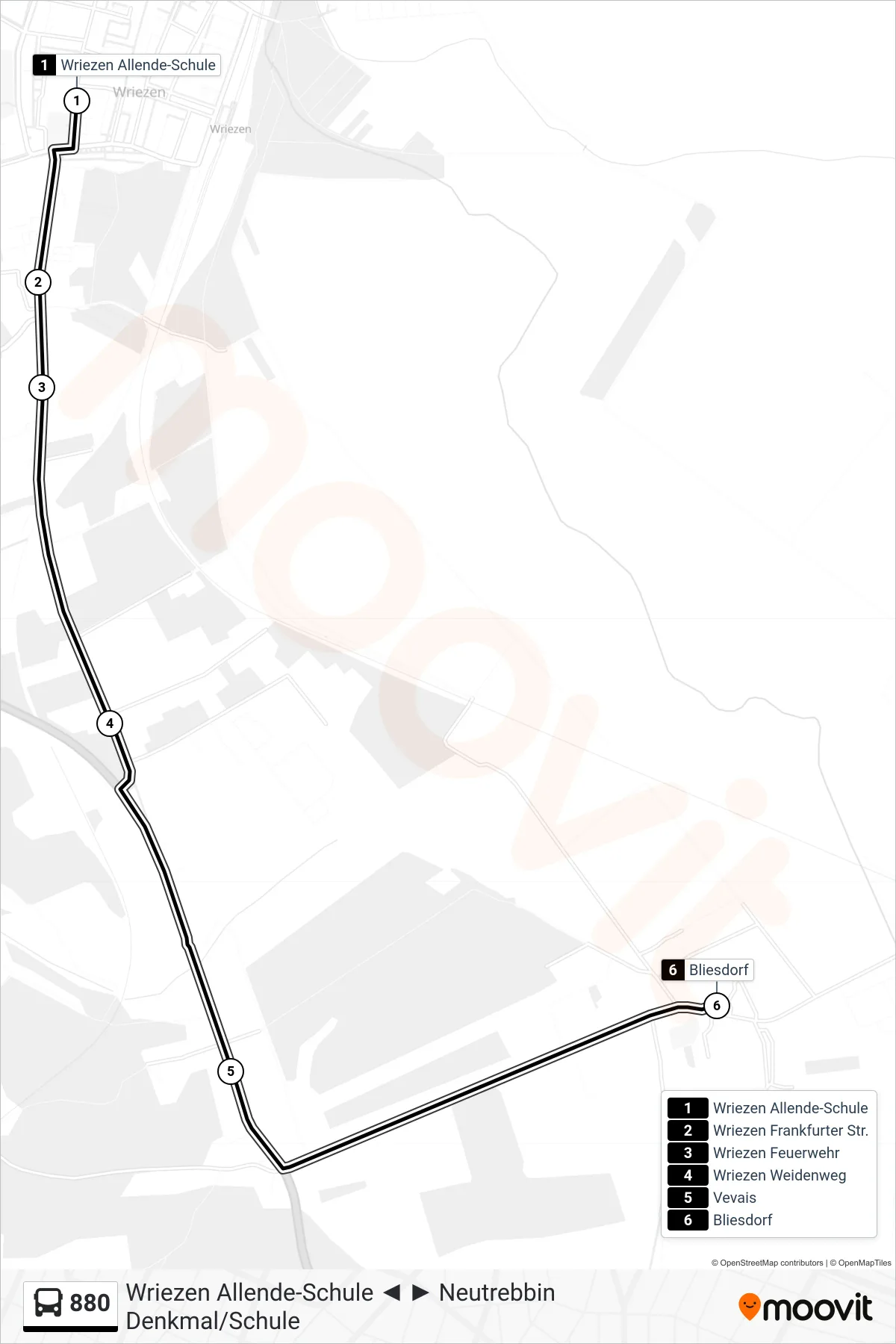 Linie 880 (Bus) Richtung Bliesdorf: Route und Haltestellen auf der Karte
