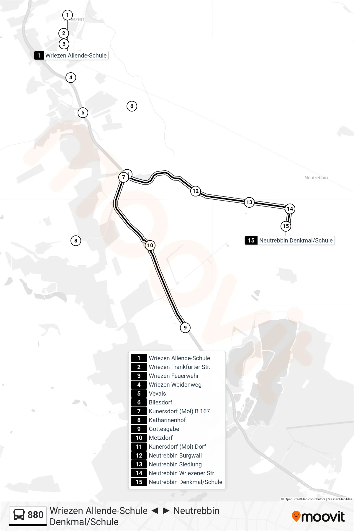Linie 880 (Bus) Richtung Neutrebbin Denkmal/Schule: Route und Haltestellen auf der Karte