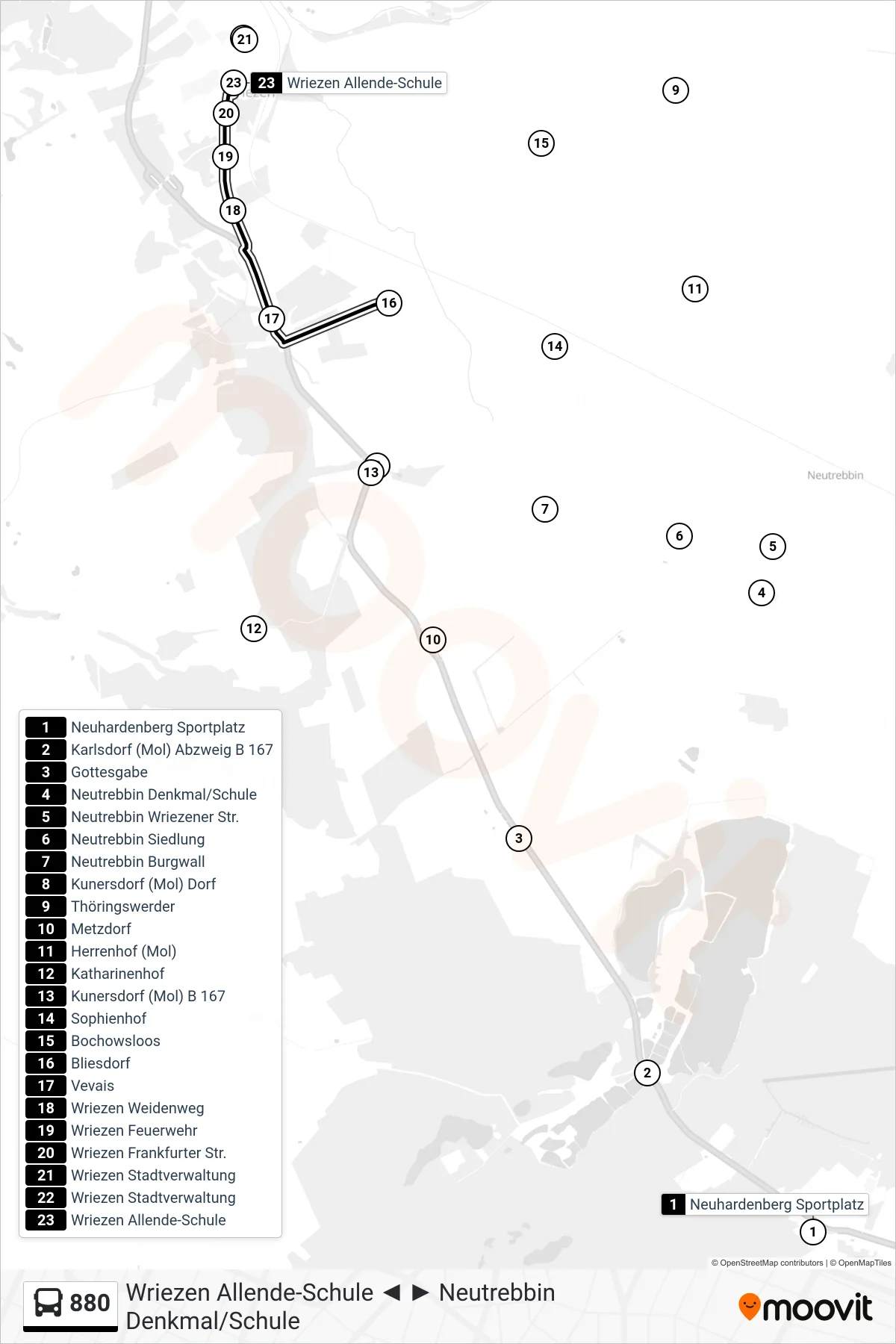 880 bus Line (Wriezen Allende-Schule) route and stops on a map