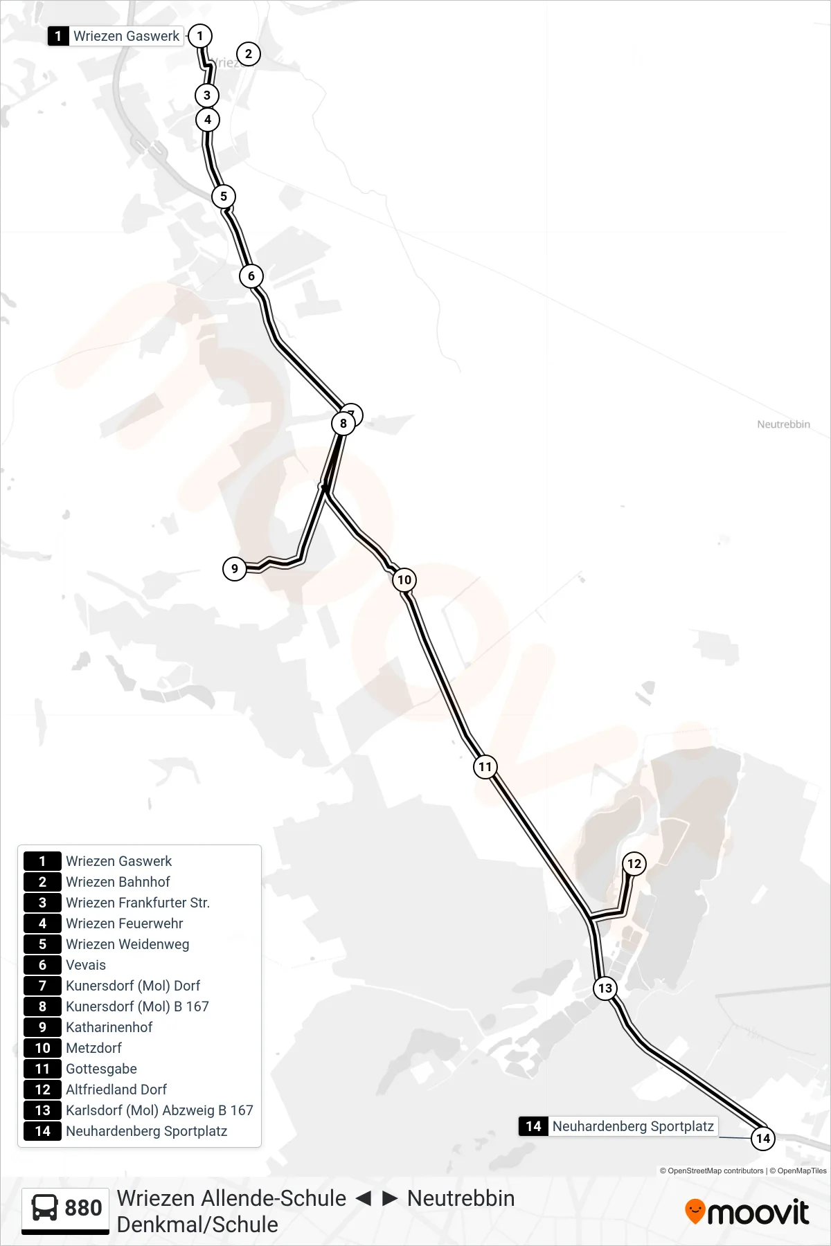 Linie 880 (Bus) Richtung Neuhardenberg Sportplatz: Route und Haltestellen auf der Karte