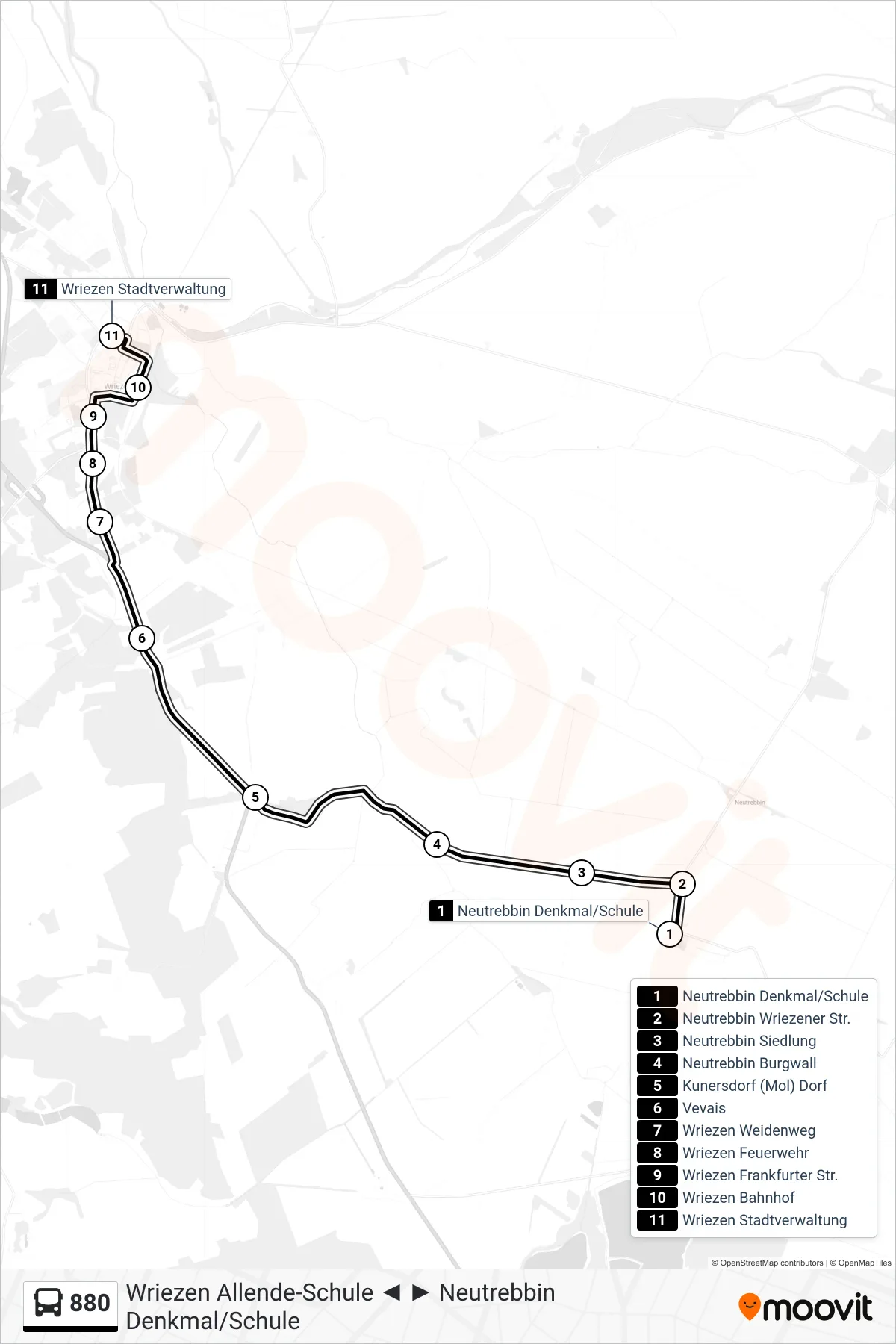 Linie 880 (Bus) Richtung Wriezen Stadtverwaltung: Route und Haltestellen auf der Karte