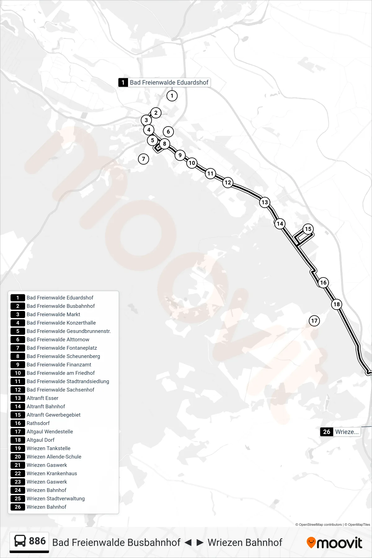 886 bus Line (Wriezen Bahnhof) route and stops on a map