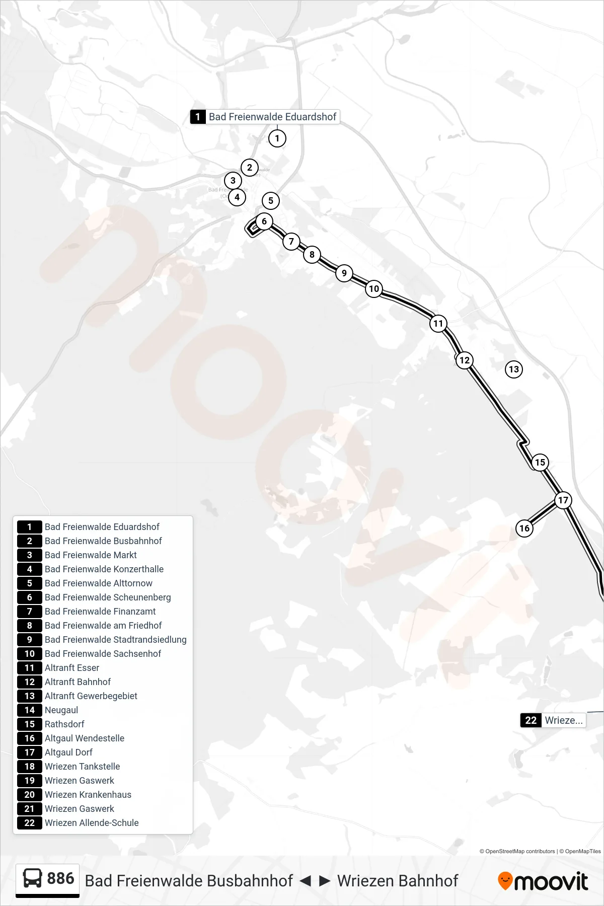 886 bus Line (Wriezen Allende-Schule) route and stops on a map