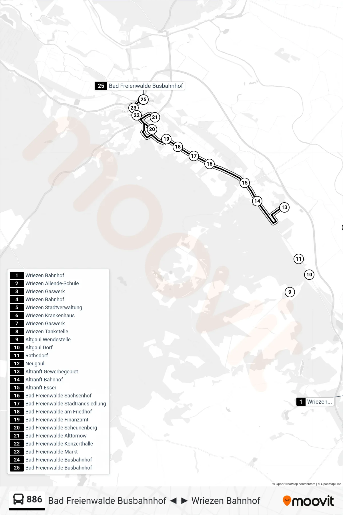 886 bus Line (Bad Freienwalde Busbahnhof) route and stops on a map