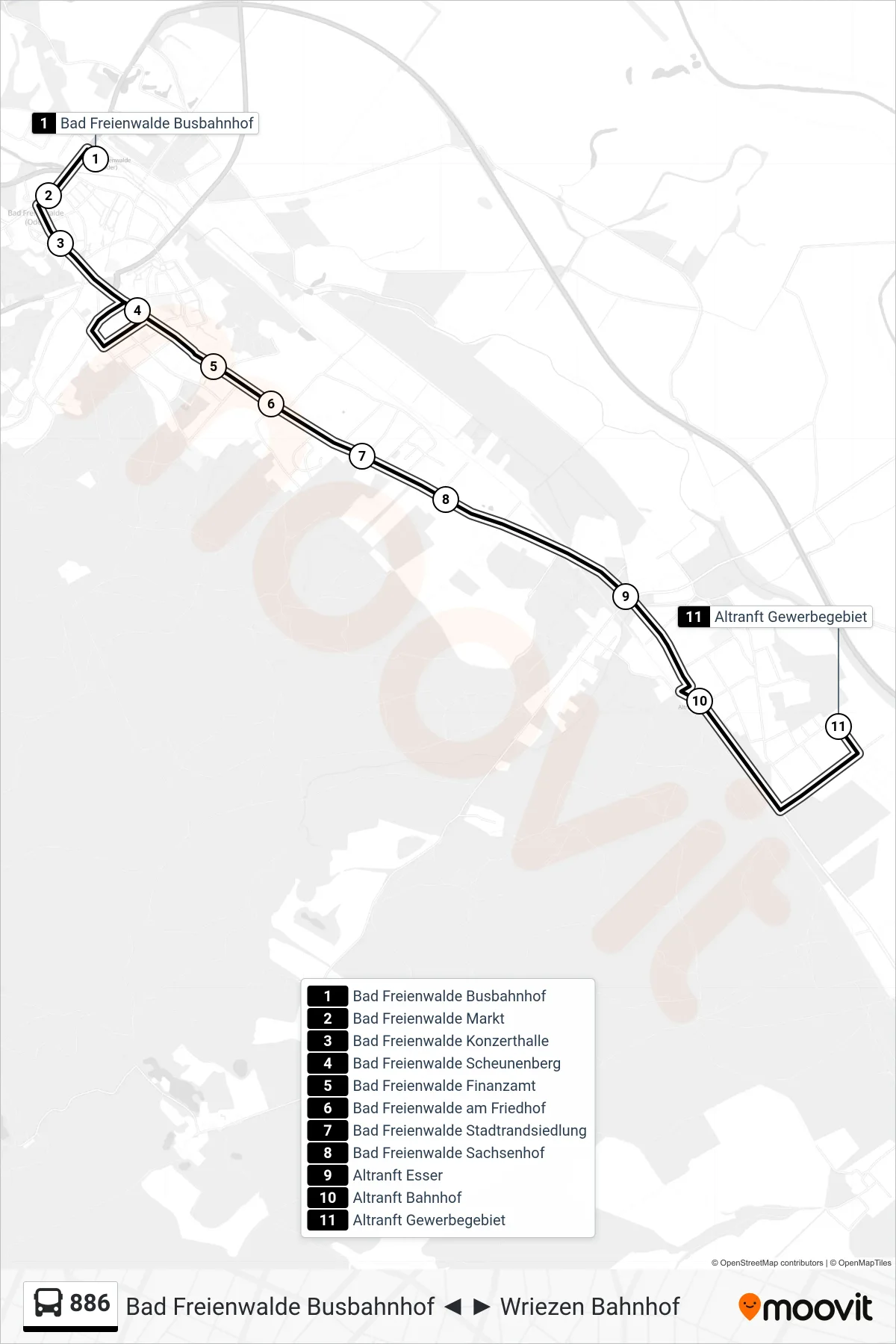 886 bus Line (Altranft Gewerbegebiet) route and stops on a map