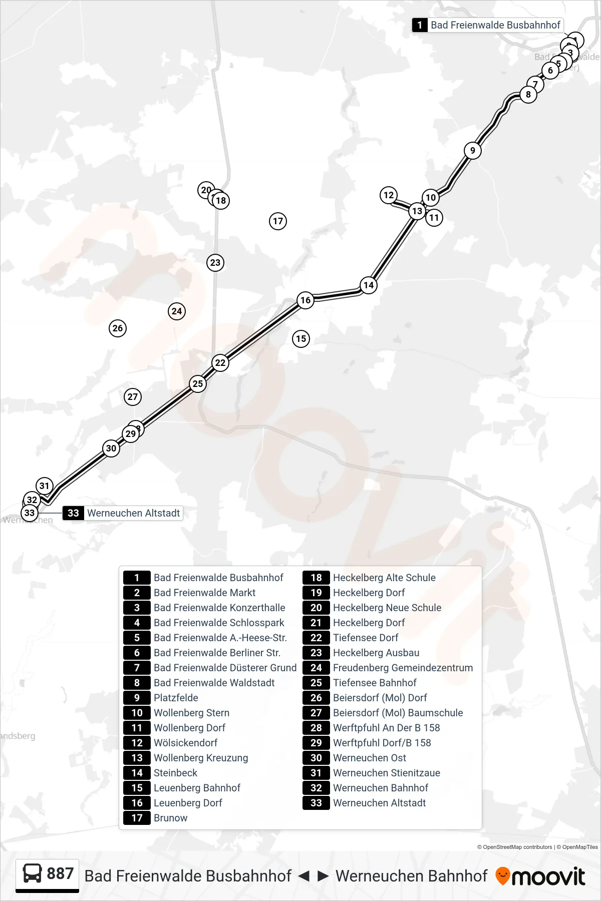 887 bus Line (Werneuchen Bahnhof) route and stops on a map