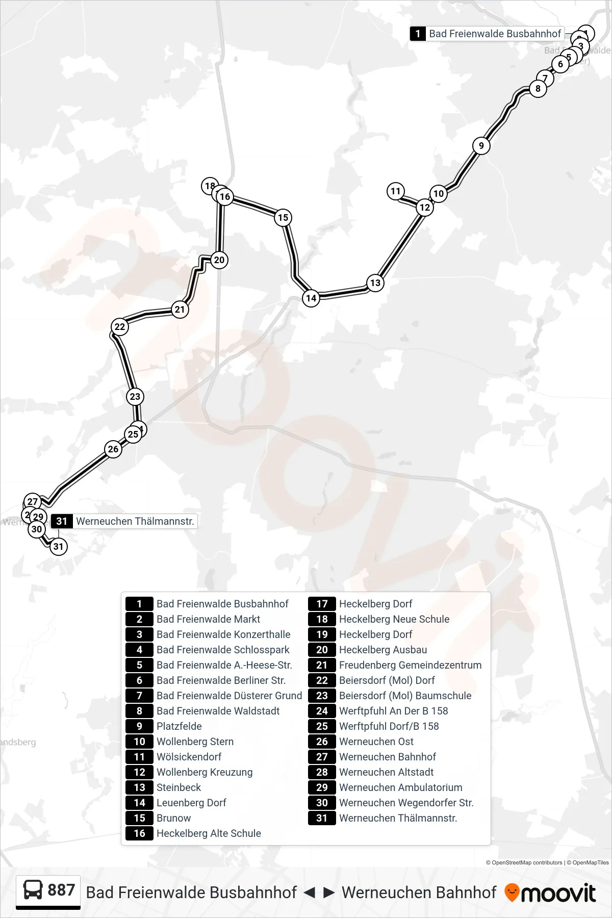 Linie 887 (Bus) Richtung Werneuchen Thälmannstr.: Route und Haltestellen auf der Karte