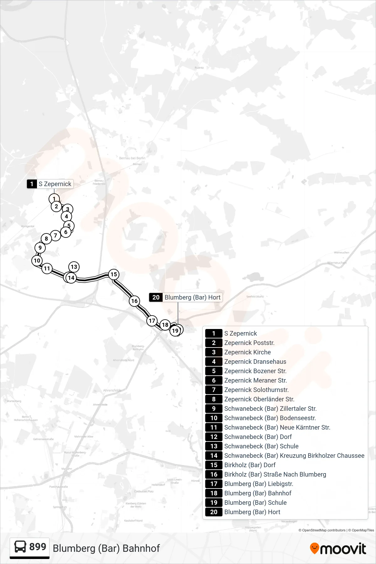 Linie 899 (Bus) Richtung Blumberg (Bar) Bahnhof: Route und Haltestellen auf der Karte