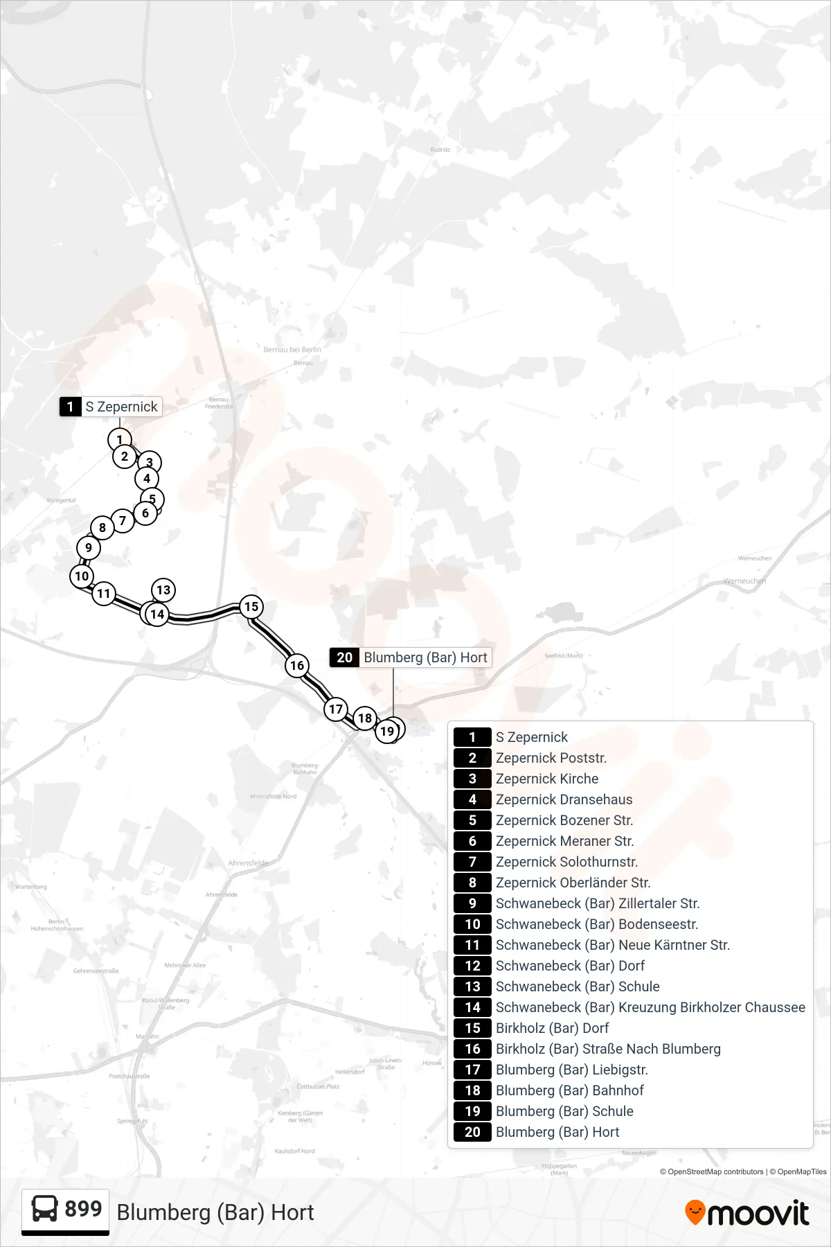 899 bus Line (Blumberg (Bar) Hort) route and stops on a map