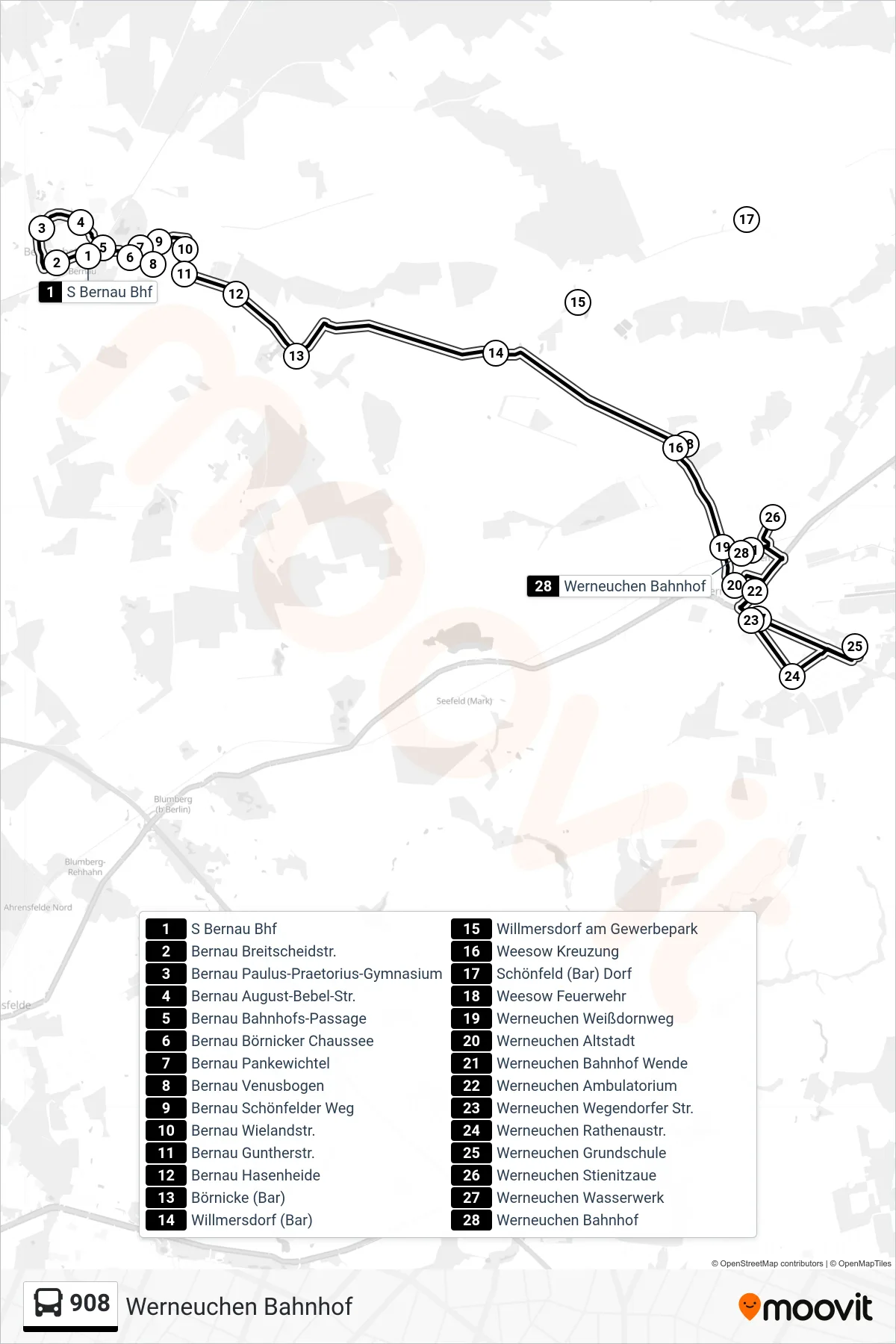 Linie 908 (Bus) Richtung Werneuchen Bahnhof: Route und Haltestellen auf der Karte