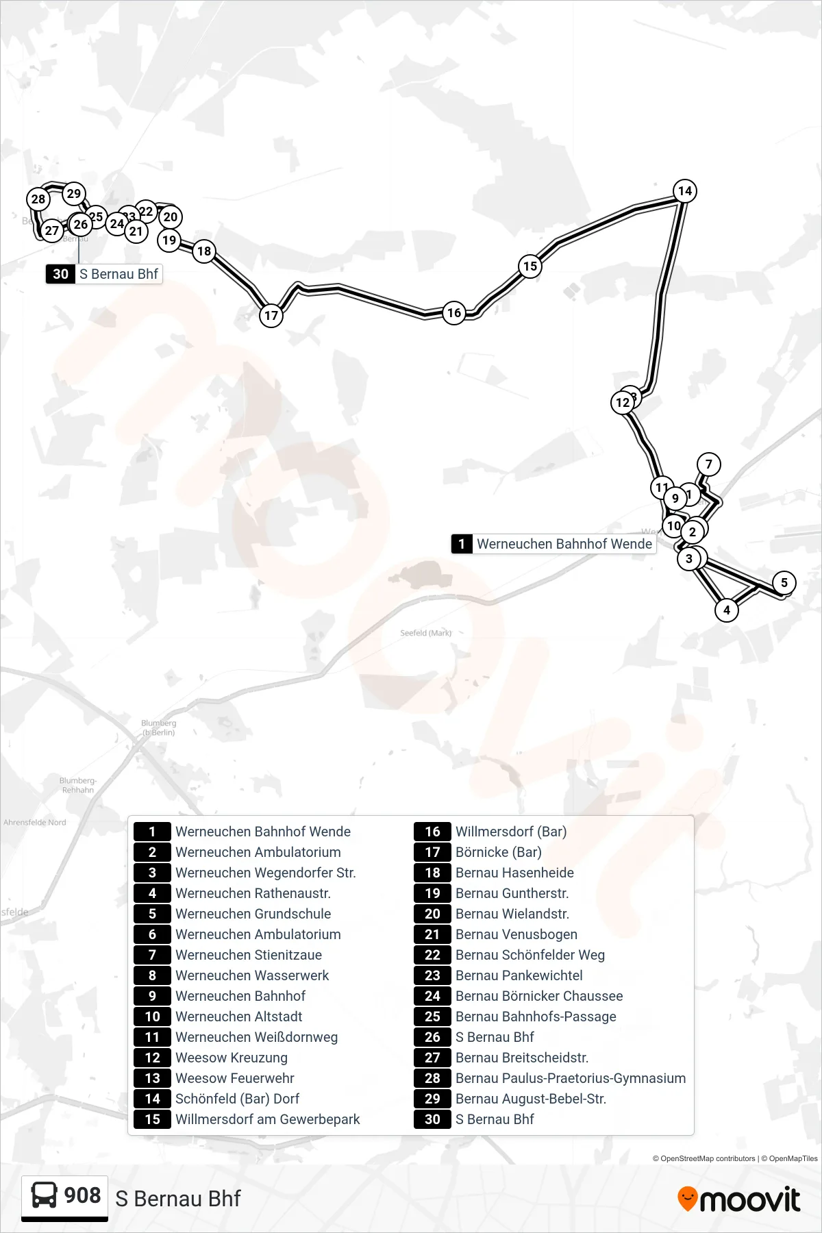 Linie 908 (Bus) Richtung S Bernau Bhf: Route und Haltestellen auf der Karte