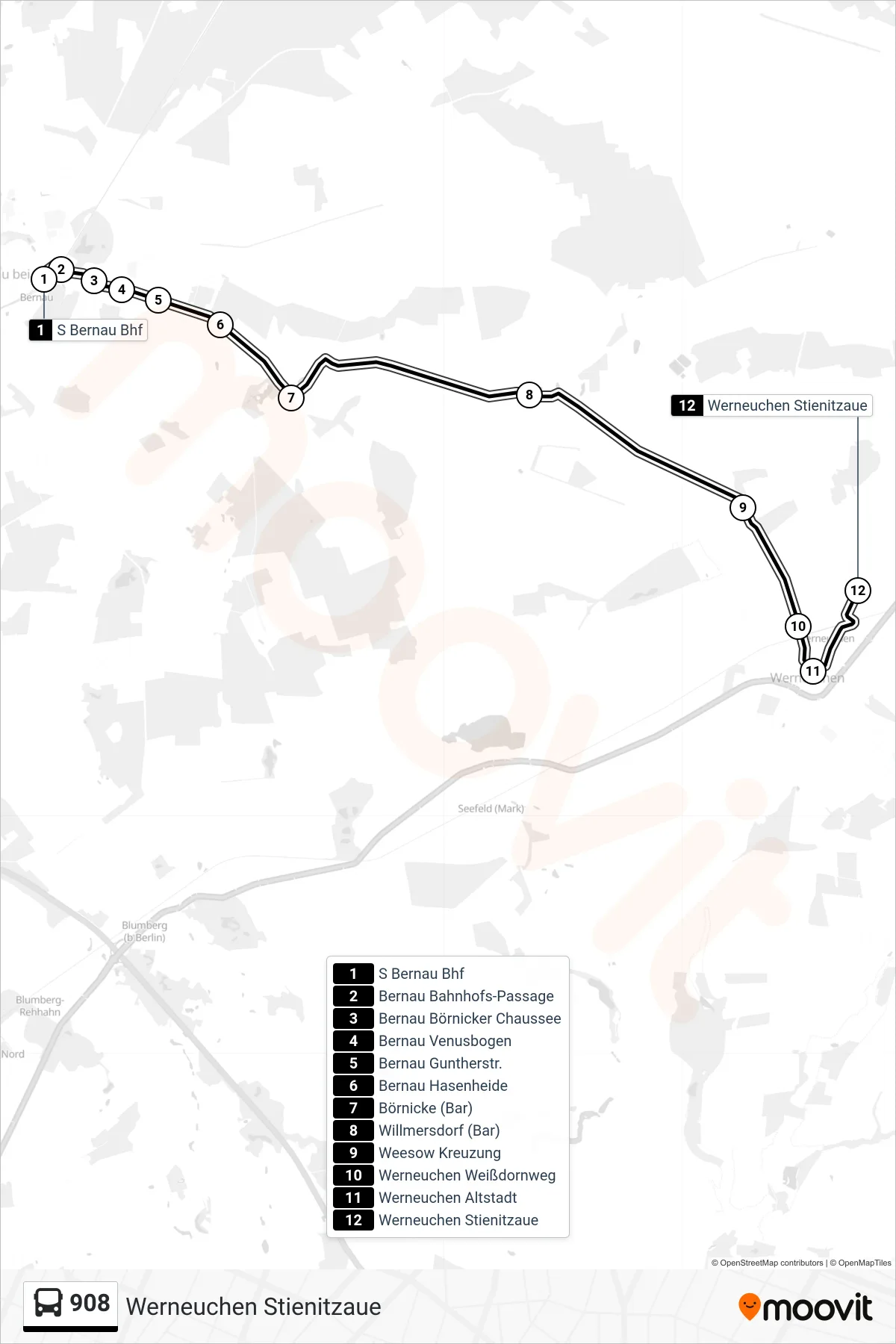 Linie 908 (Bus) Richtung Werneuchen Stienitzaue: Route und Haltestellen auf der Karte