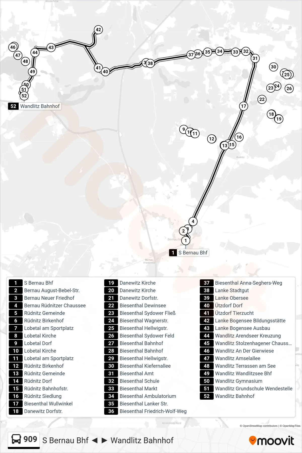 Linie 909 (Bus) Richtung Wandlitz Bahnhof: Route und Haltestellen auf der Karte