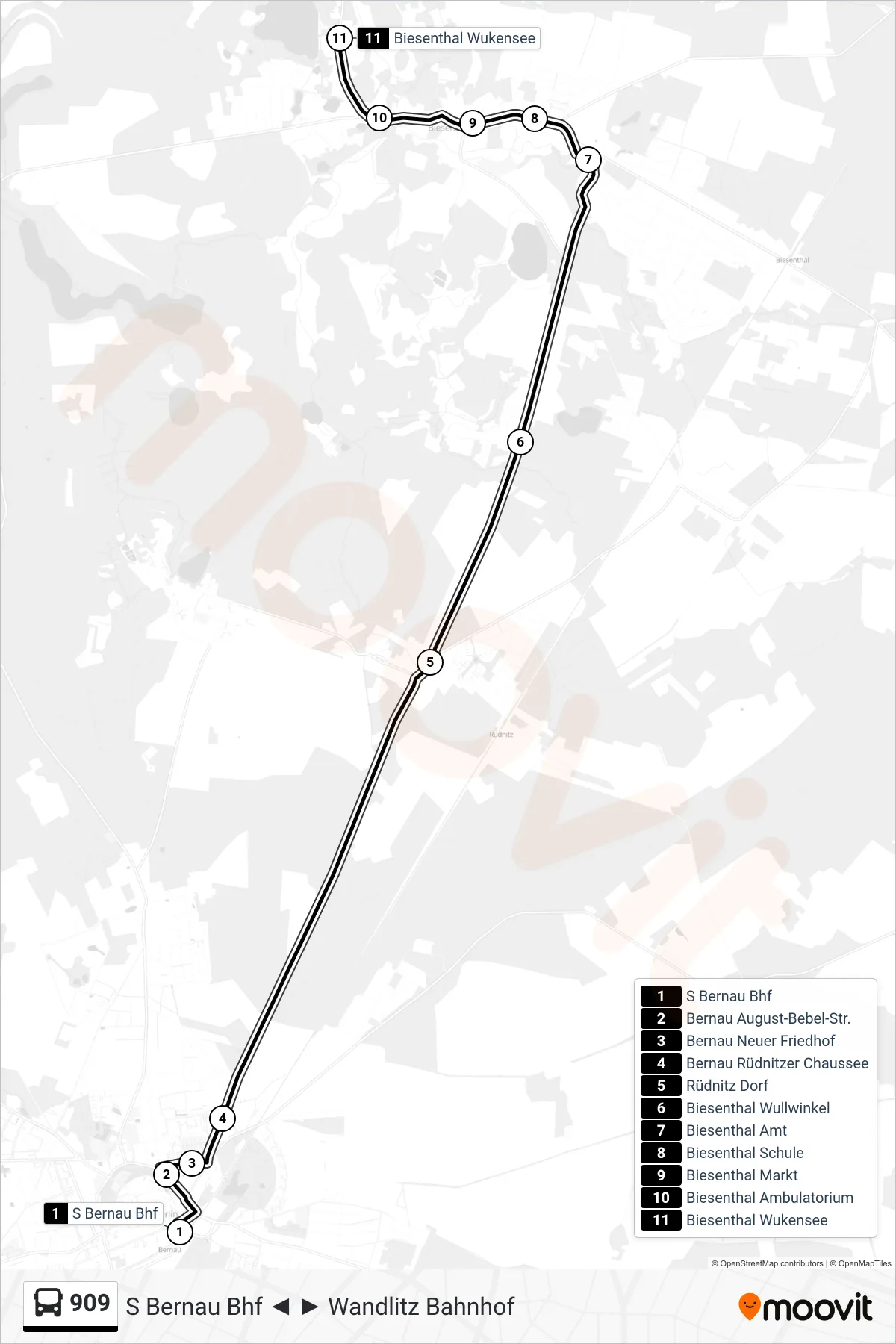Linie 909 (Bus) Richtung Biesenthal Wukensee: Route und Haltestellen auf der Karte