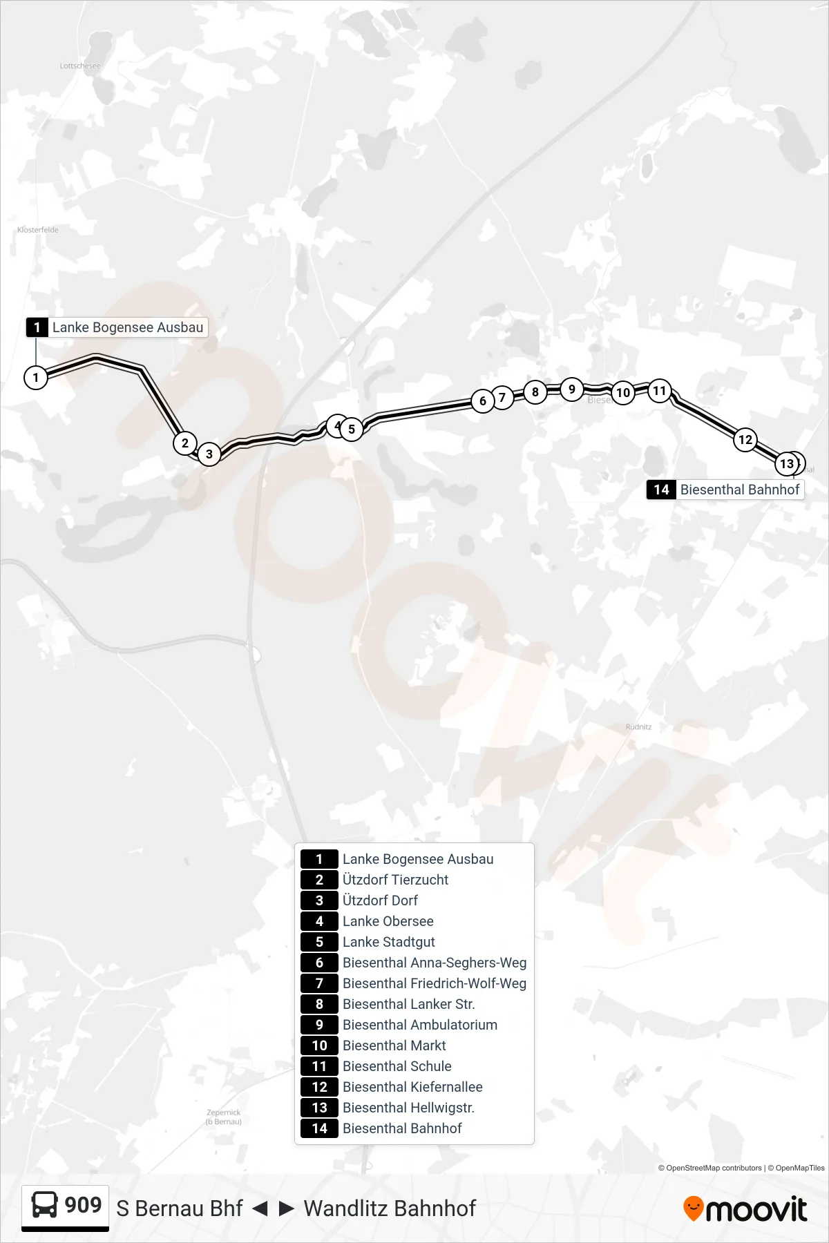 Linie 909 (Bus) Richtung Biesenthal Bahnhof: Route und Haltestellen auf der Karte