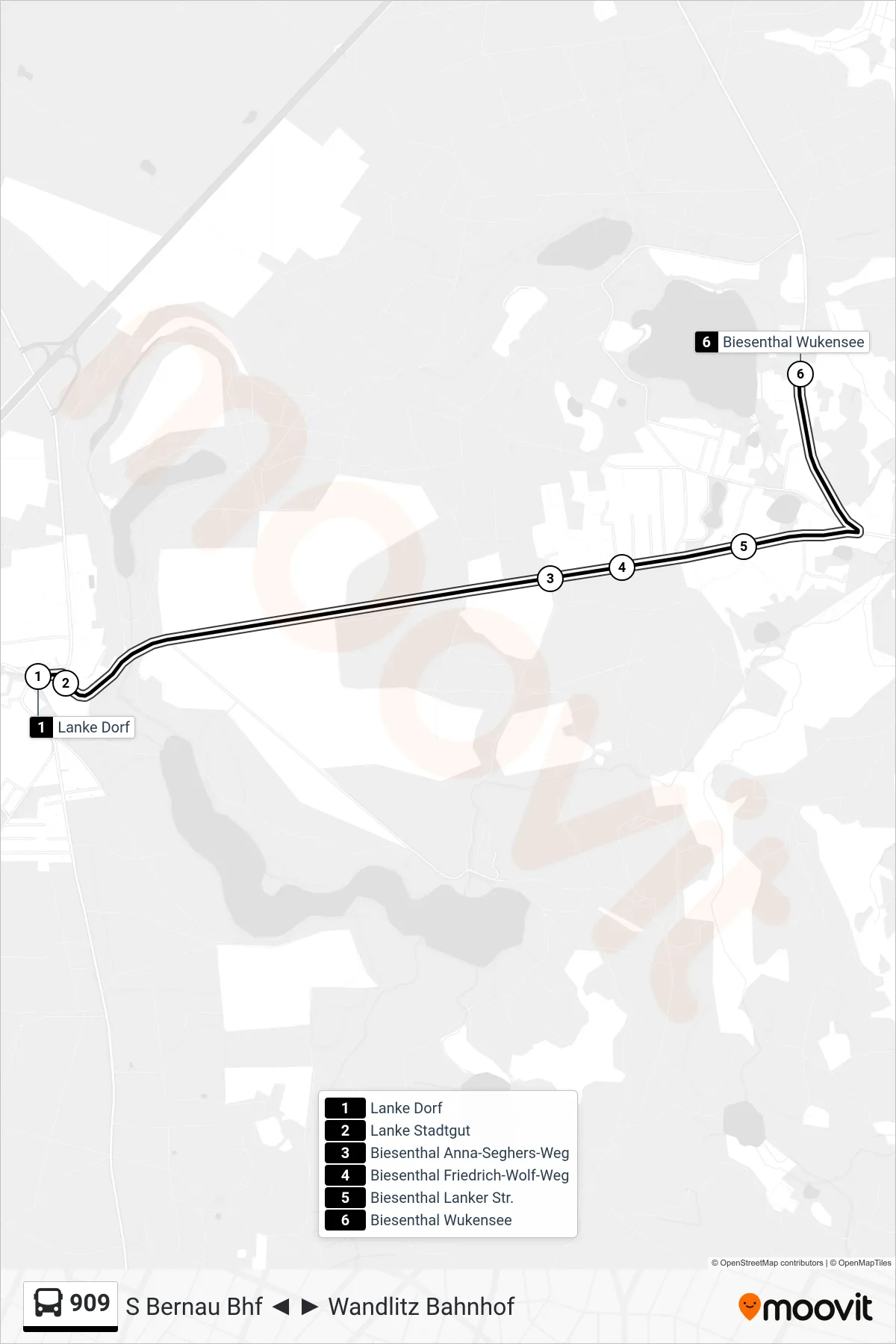 Linie 909 (Bus) Richtung Biesenthal Wukensee: Route und Haltestellen auf der Karte