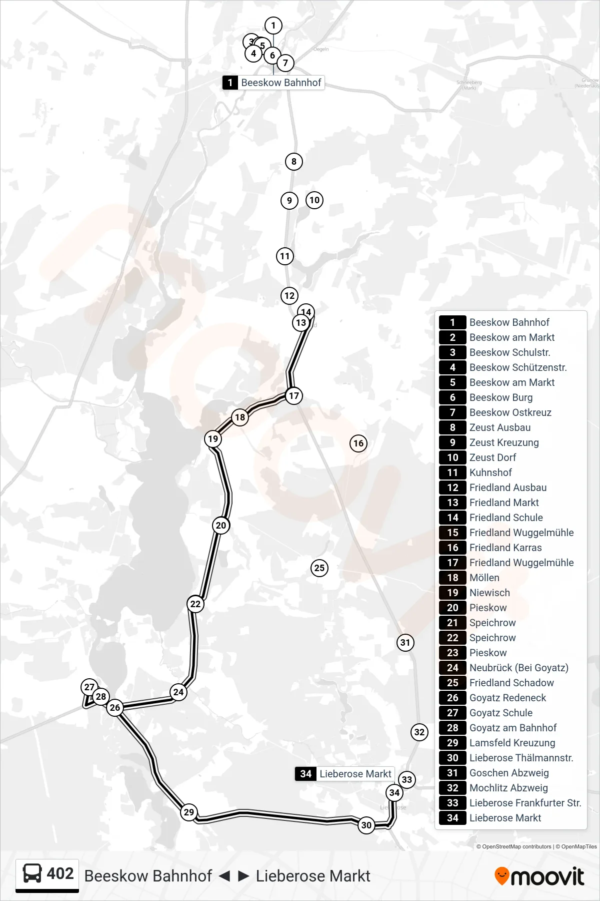 Linie 402 (Bus) Richtung Lieberose Markt: Route und Haltestellen auf der Karte