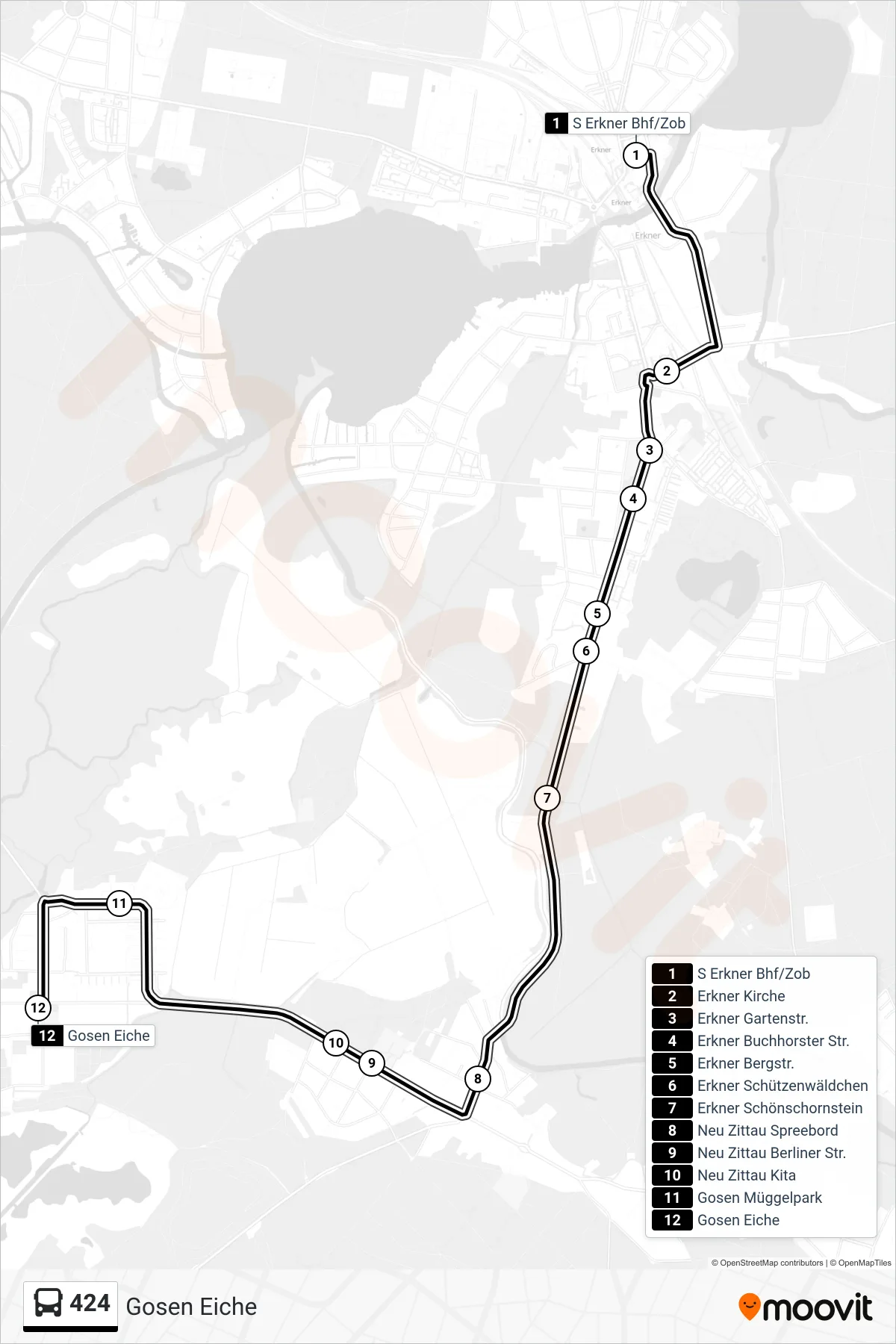 Linie 424 (Bus) Richtung Gosen Eiche: Route und Haltestellen auf der Karte