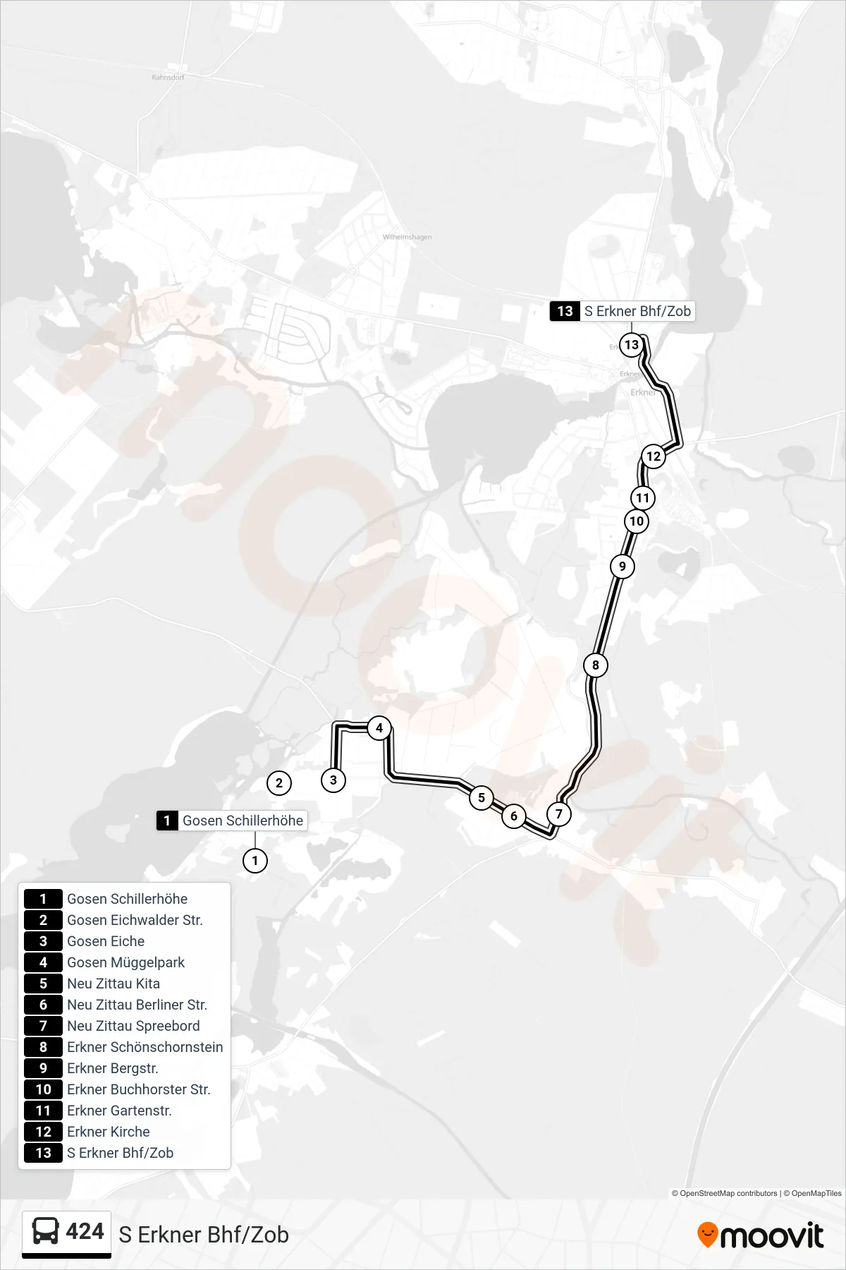 424 bus Line (S Erkner Bhf/Zob) route and stops on a map