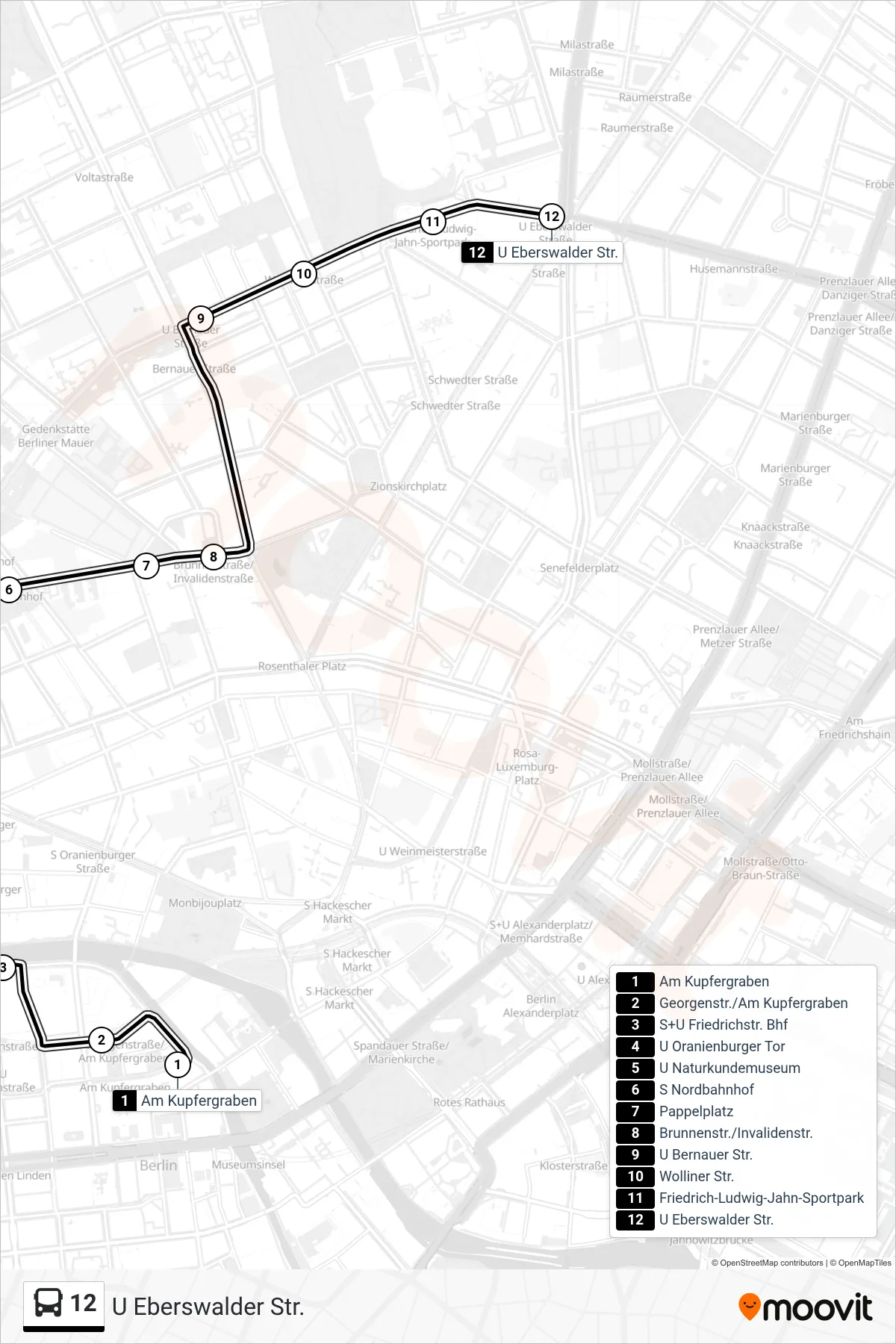 Linie 12 (Bus) Richtung U Eberswalder Str.: Route und Haltestellen auf der Karte