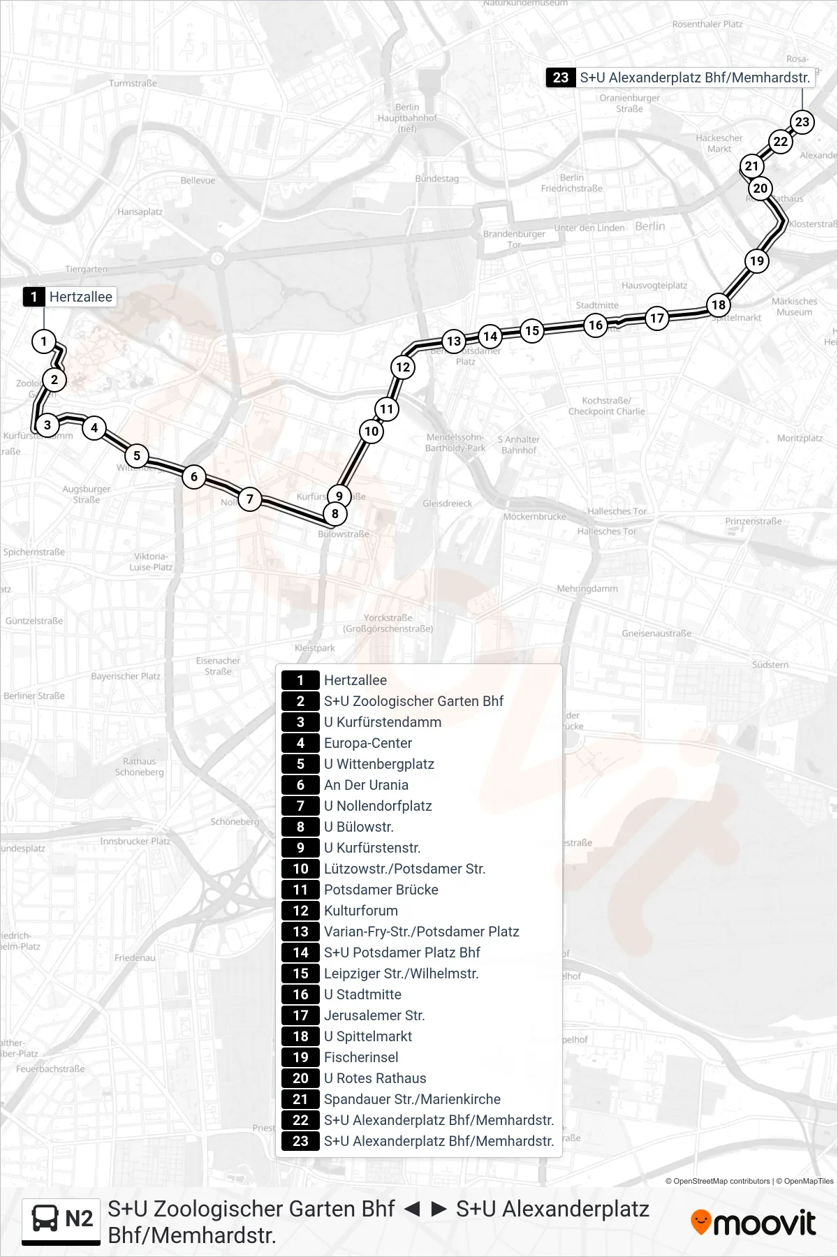 Linie N2 (Bus) Richtung S+U Alexanderplatz Bhf/Memhardstr.: Route und Haltestellen auf der Karte