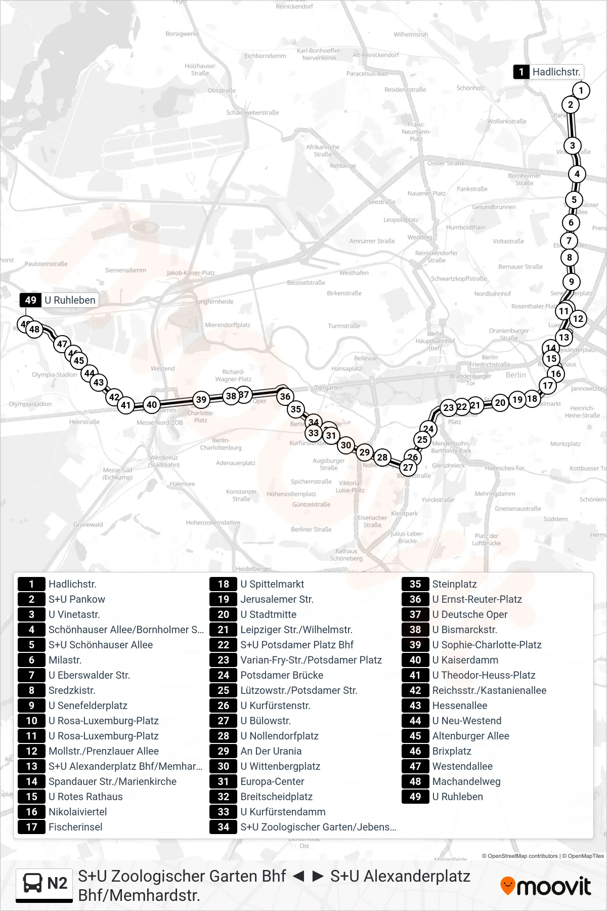 N2 bus Line (U Ruhleben) route and stops on a map