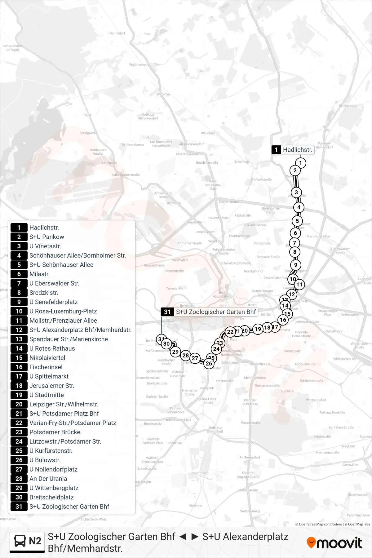 Linie N2 (Bus) Richtung S+U Zoologischer Garten Bhf: Route und Haltestellen auf der Karte
