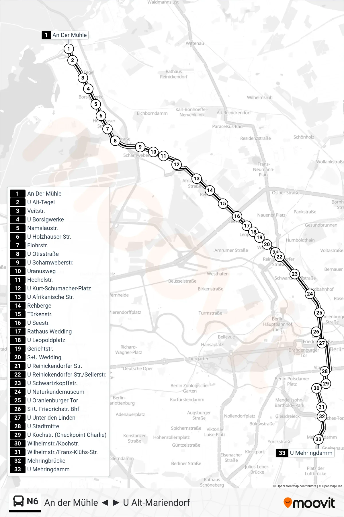 Linie N6 (Bus) Richtung U Mehringdamm: Route und Haltestellen auf der Karte
