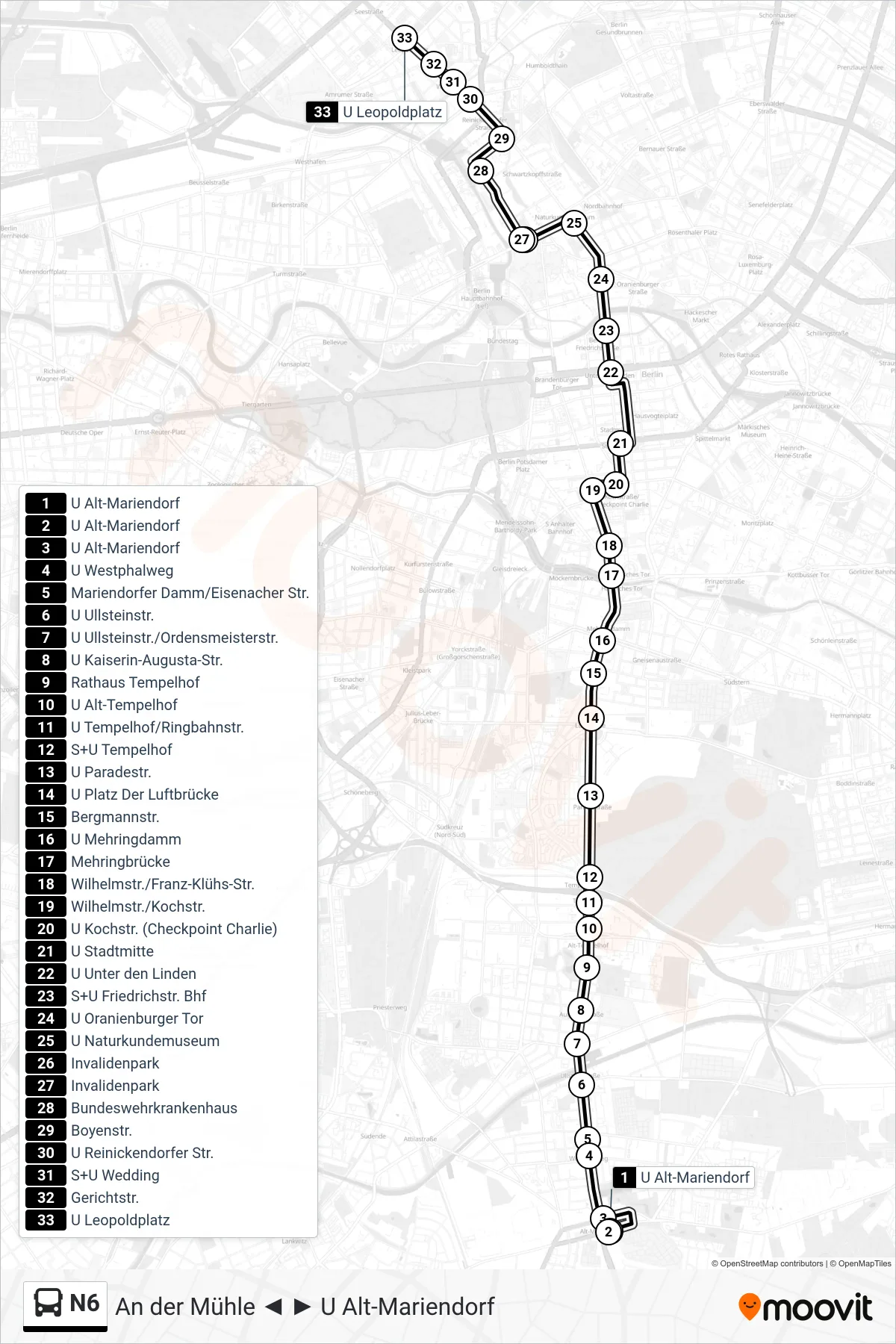 Linie N6 (Bus) Richtung U Leopoldplatz: Route und Haltestellen auf der Karte