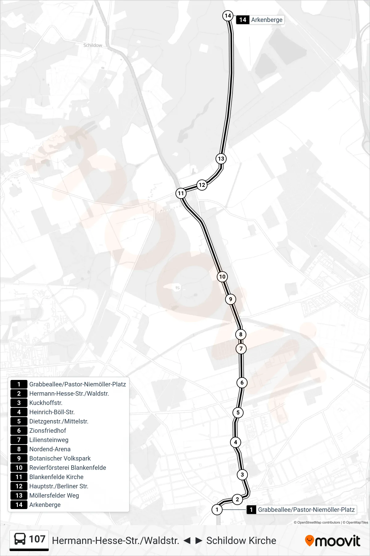Linie 107 (Bus) Richtung Arkenberge: Route und Haltestellen auf der Karte