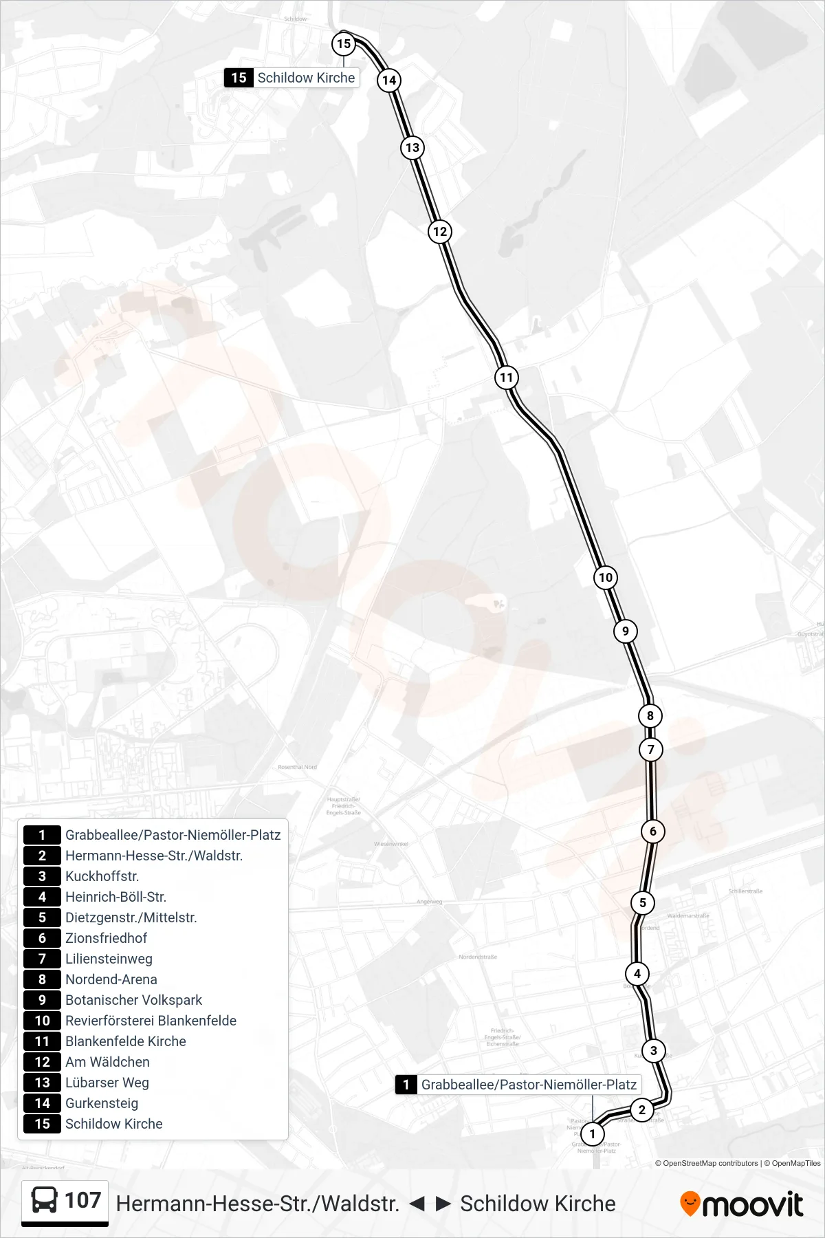 Linie 107 (Bus) Richtung Schildow Kirche: Route und Haltestellen auf der Karte