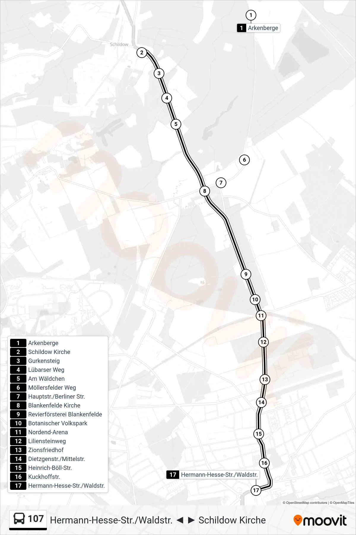 Linie 107 (Bus) Richtung Hermann-Hesse-Str./Waldstr.: Route und Haltestellen auf der Karte
