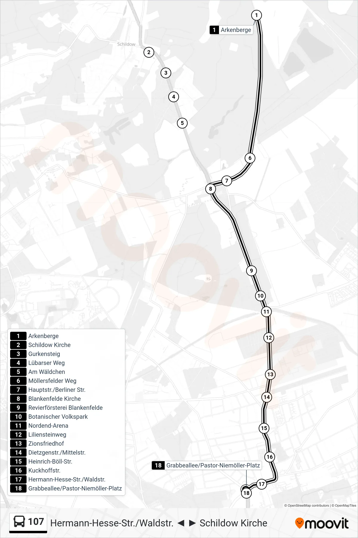 Linie 107 (Bus) Richtung Grabbeallee/Pastor-Niemöller-Platz: Route und Haltestellen auf der Karte