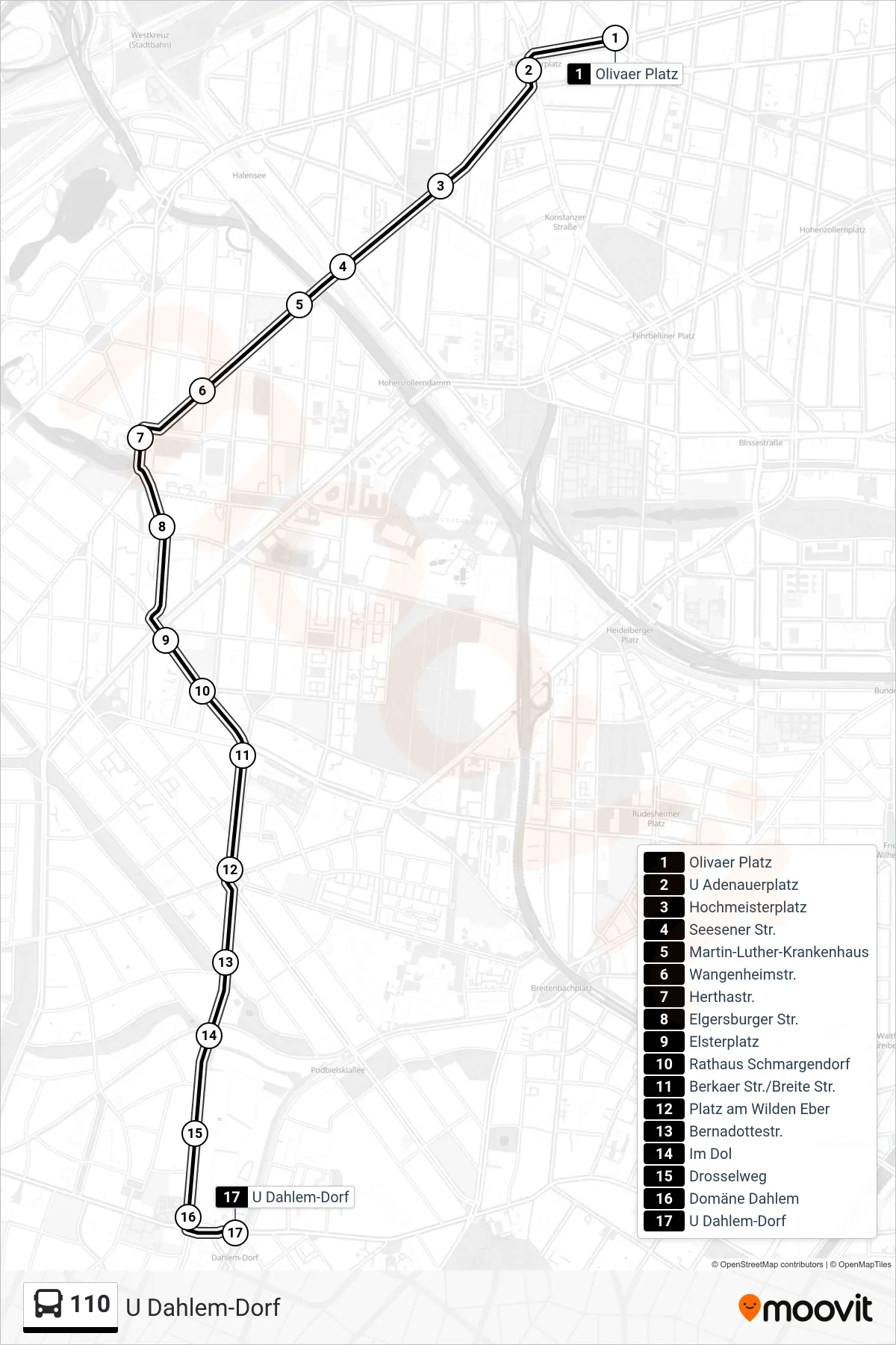 110 bus Line (U Dahlem-Dorf) route and stops on a map