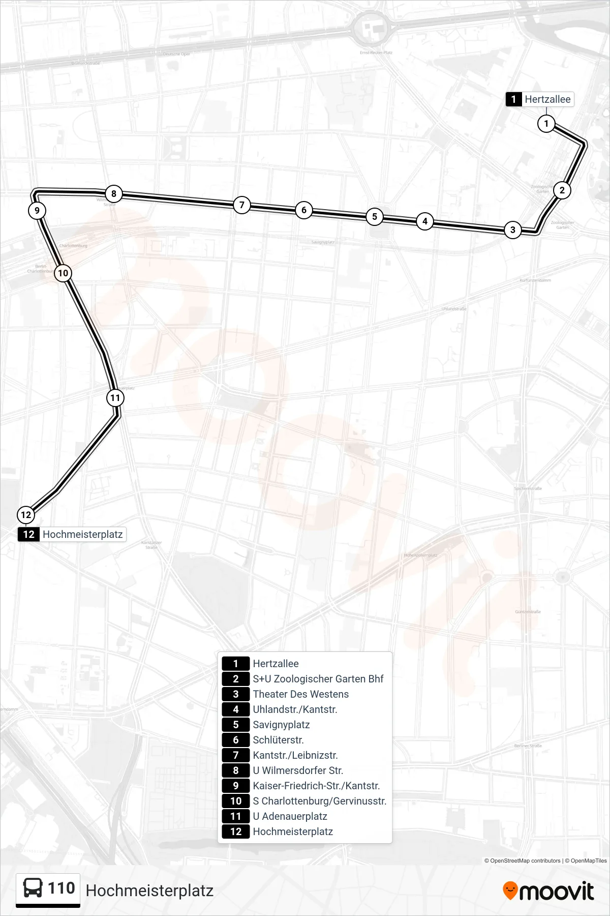 110 bus Line (Hochmeisterplatz) route and stops on a map