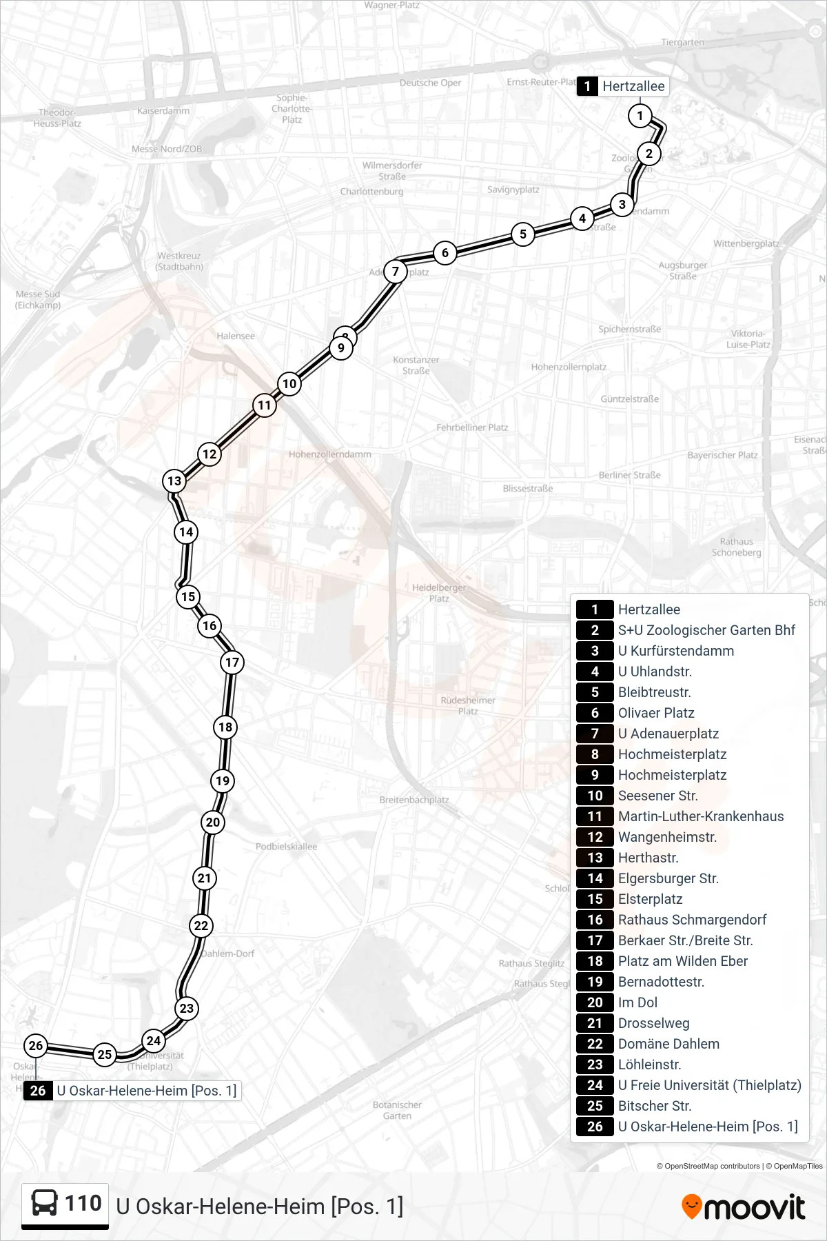 Linie 110 (Bus) Richtung U Oskar-Helene-Heim [Pos. 1]: Route und Haltestellen auf der Karte